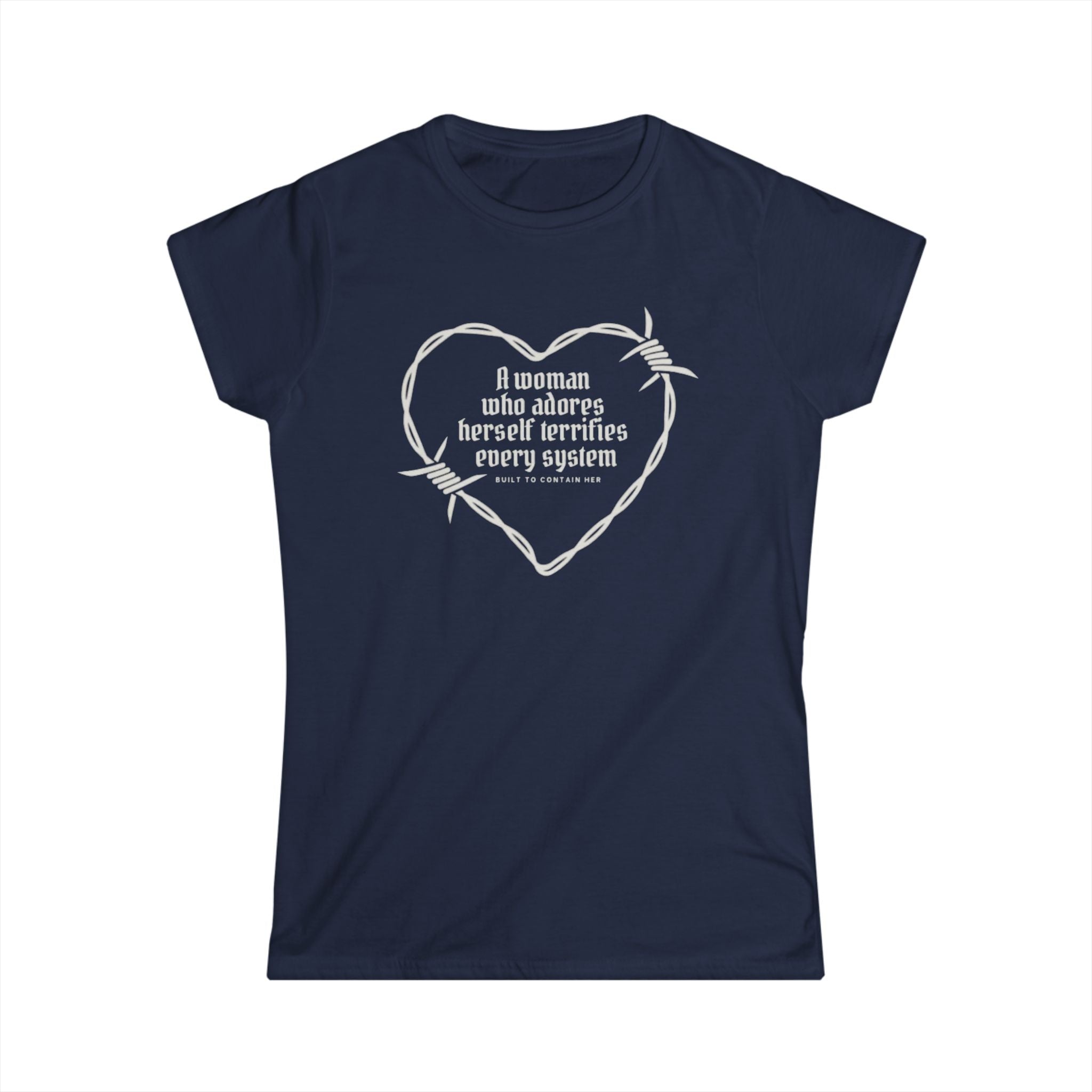 Navy blue t-shirt with white graphic and text on a white background