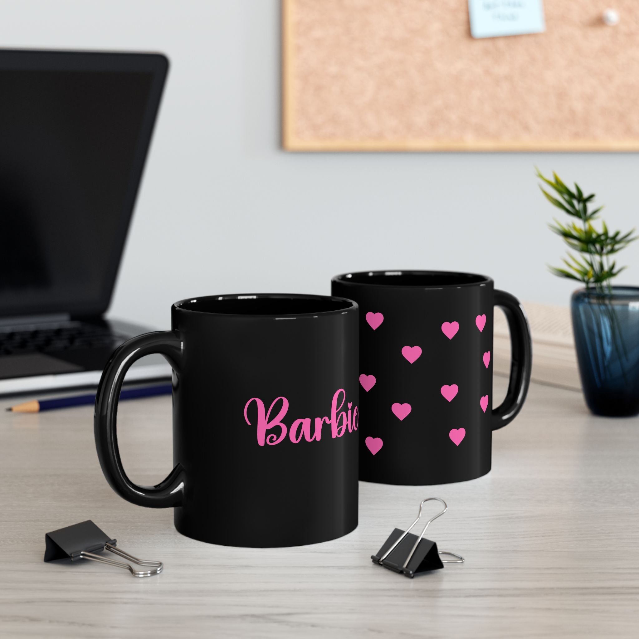 Custom name Black Heart Mug — Pink Hearts Accent Ceramic Coffee Cup (11oz/15oz)