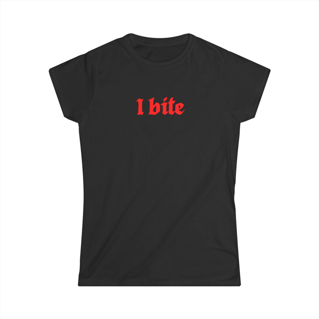 Black t-shirt with 'I bite' text in red