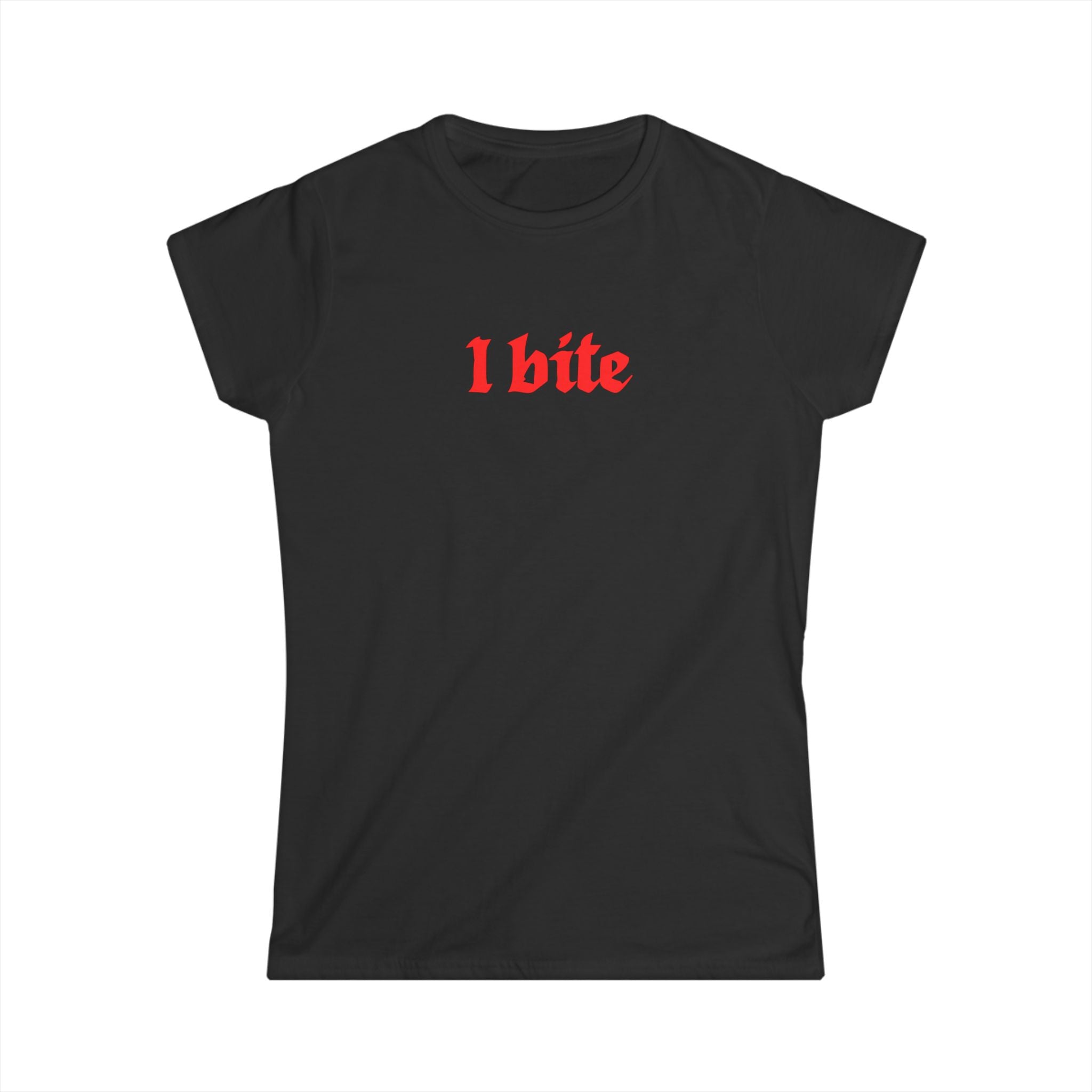 Black t-shirt with 'I bite' text in red