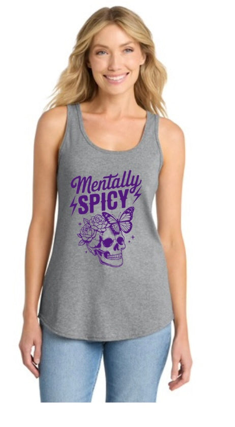 Woman wearing a gray tank top with 'Mentally Spicy' design on a white background