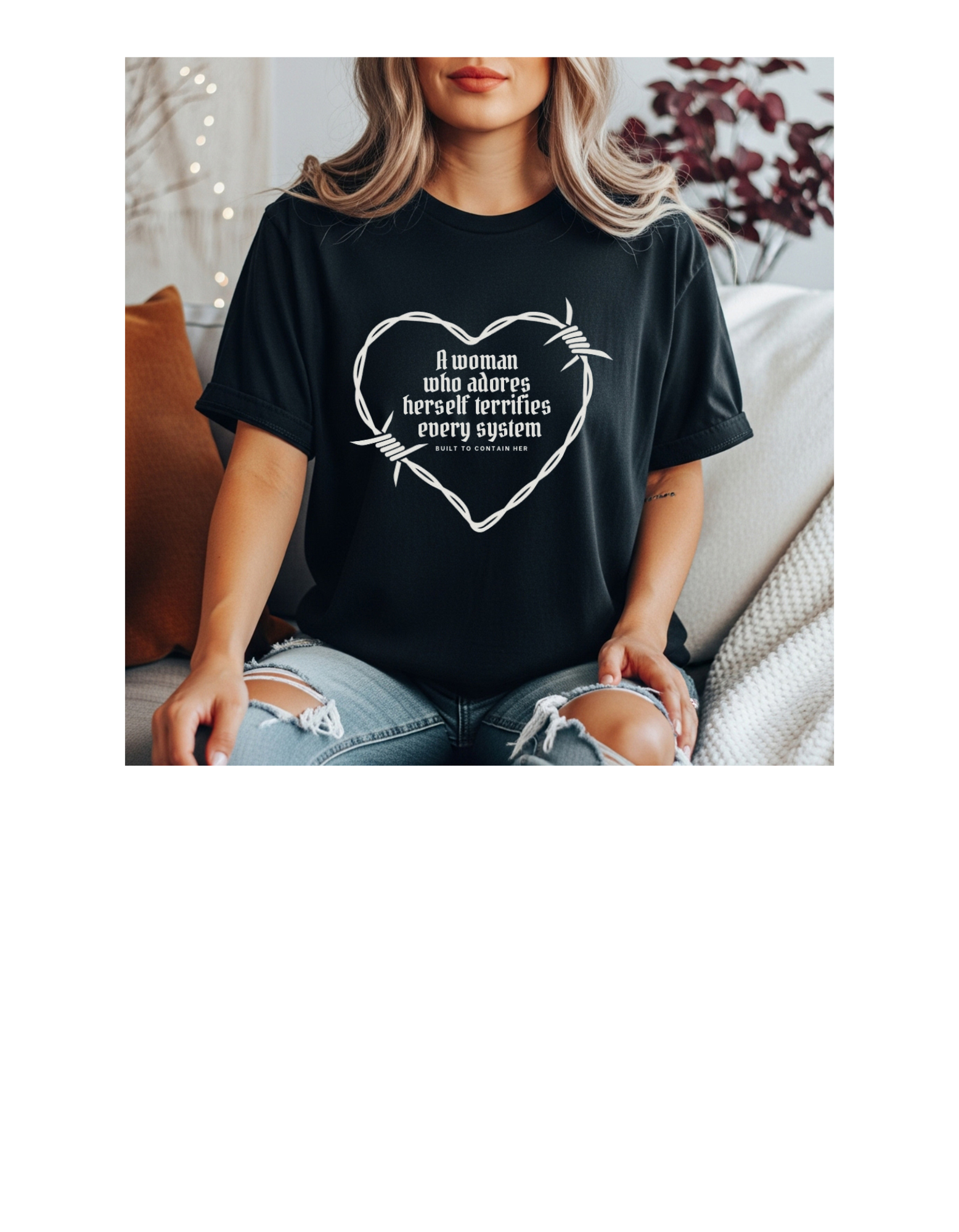 Women’s empowerment graphic shirt with white typography 