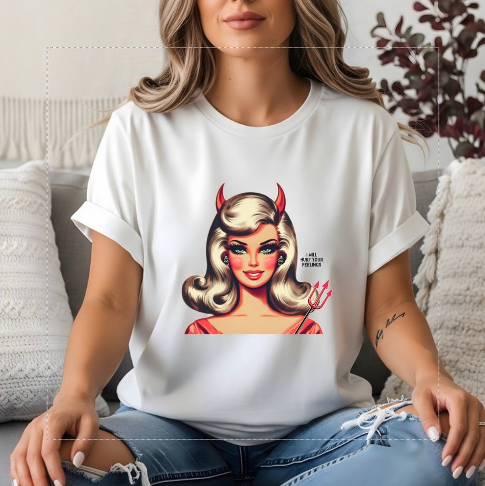 Women’s white graphic tee with barbie’s head with horns and a small thought bubble next to it that reads “I will hurt your feelings” feminist, Barbie shirt 