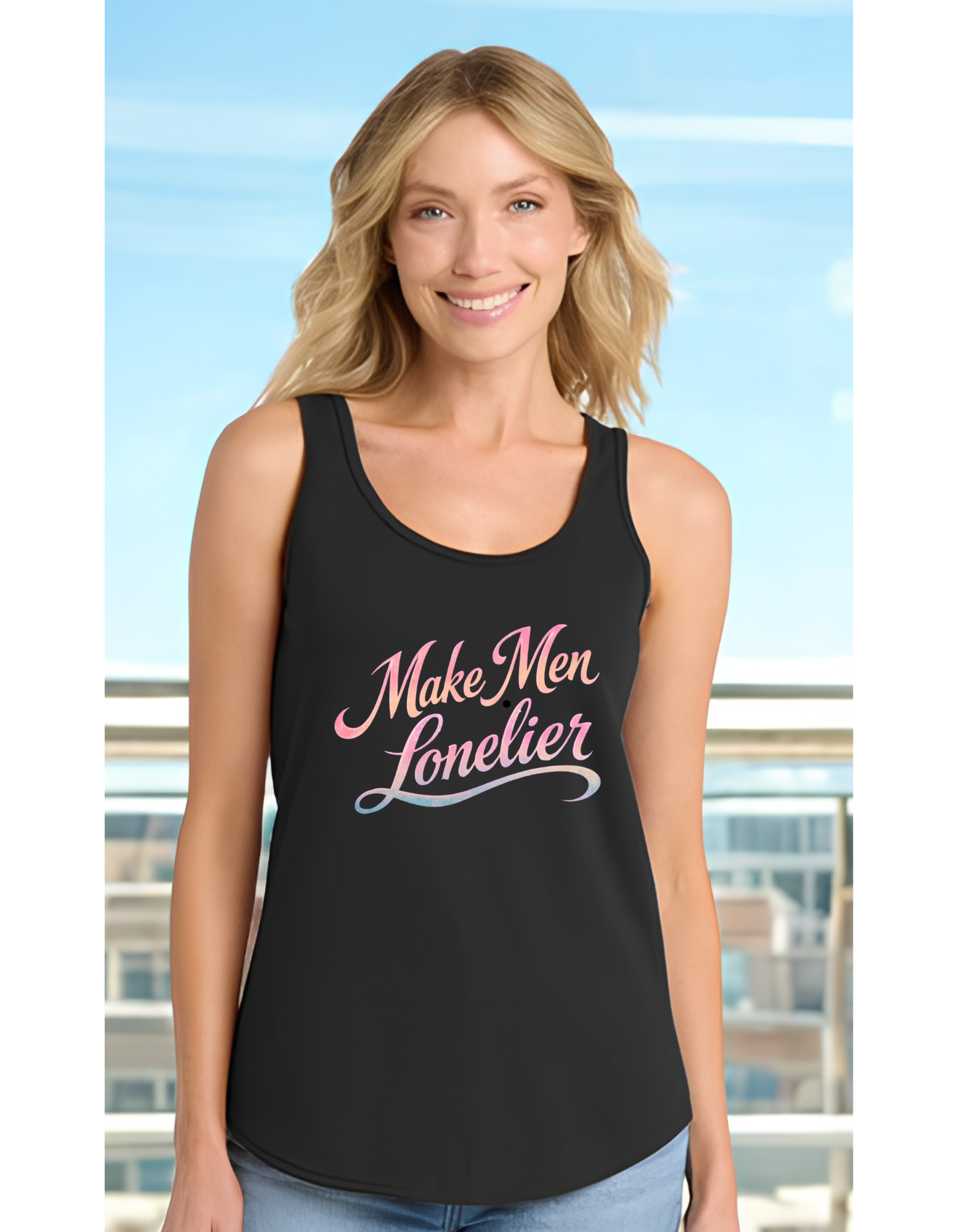 Feminist black tank top with text “make men lonelier”