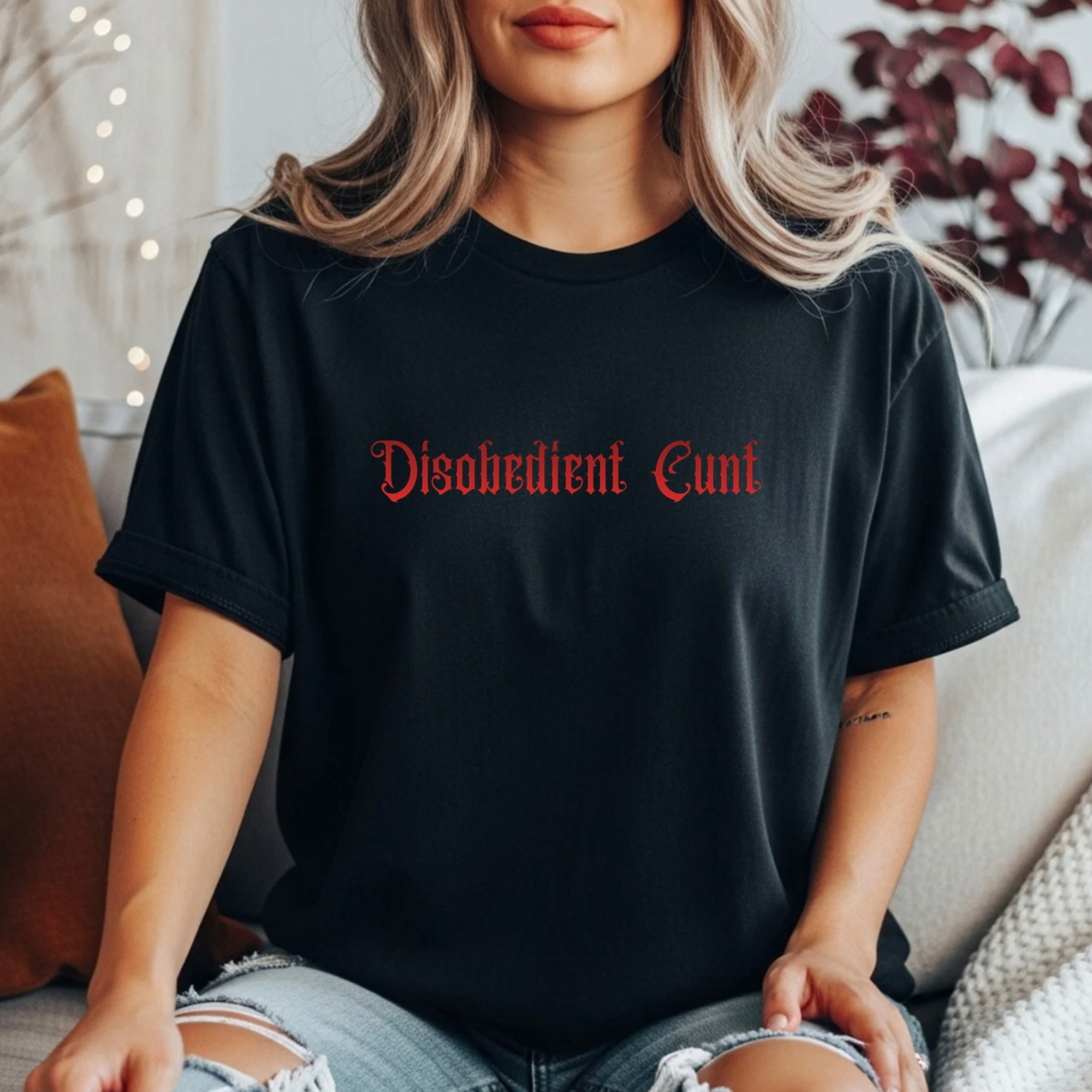 Women’s feminist Black t-shirt with red text 'Disobedient Cunt' 