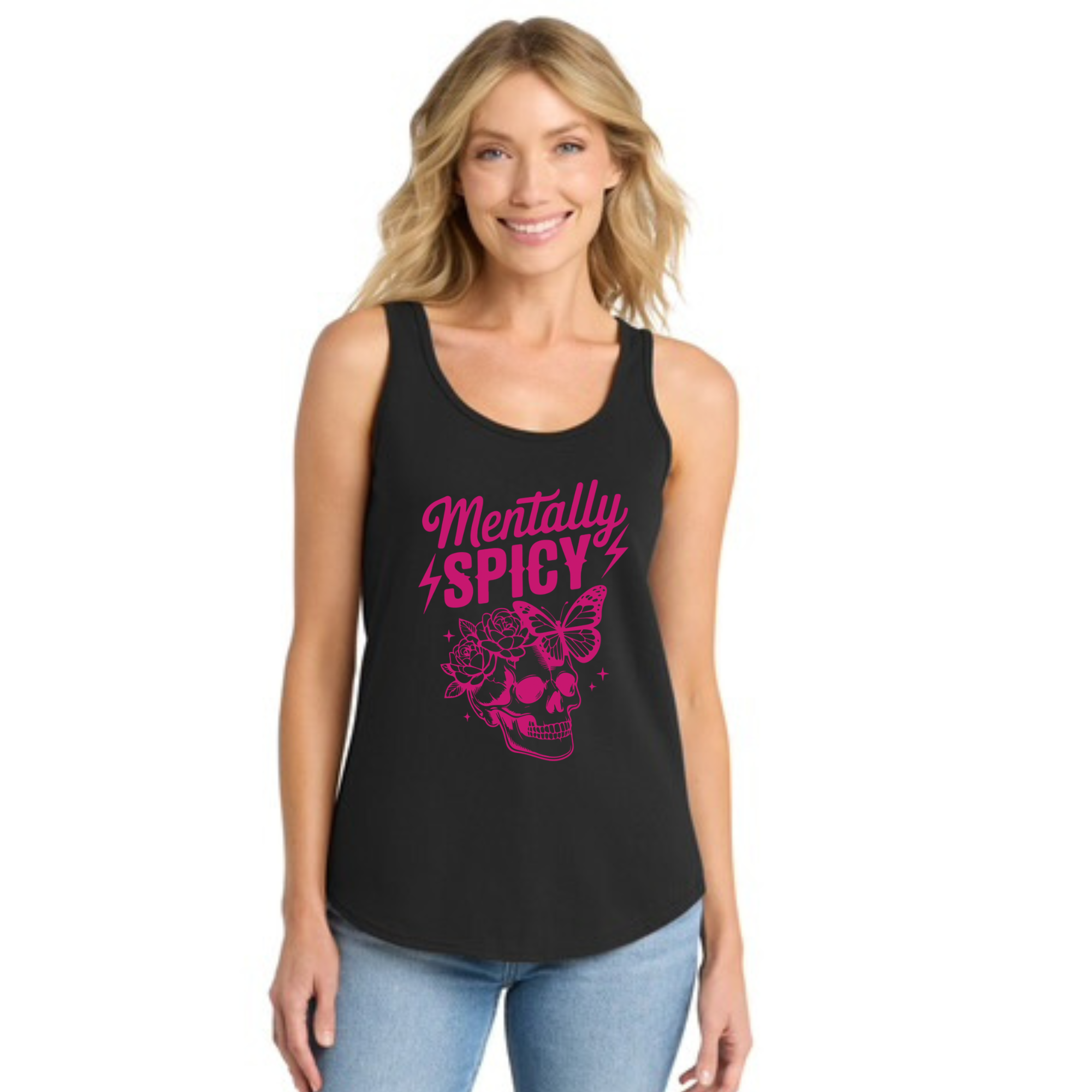 black tank top with pink graphic design and text mentally spicy