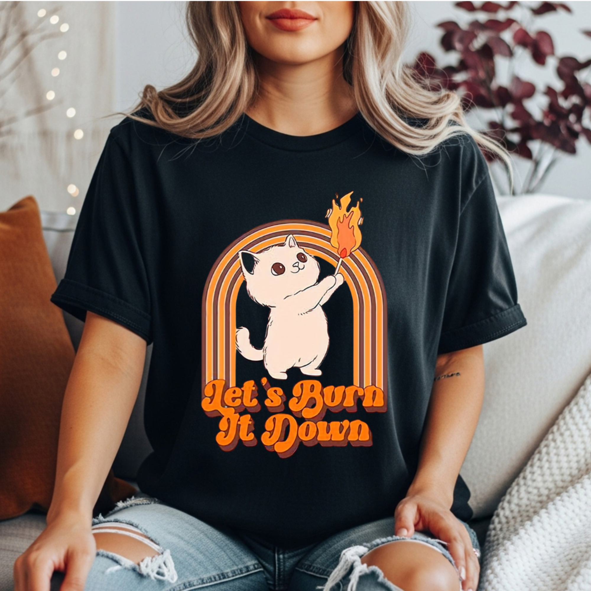 Feminist activist t shirt with cat graphic and text let it burn 
