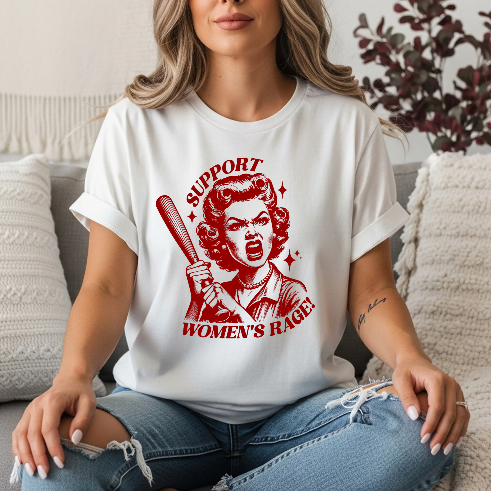 Support Women’s Rage Vintage Retro Feminist T-Shirt with Baseball Bat Graphic | Women’s Rage Shirt | Funny Feminist Tee | 1950s Housewife Angry Woman Graphic Tee | White T shirt