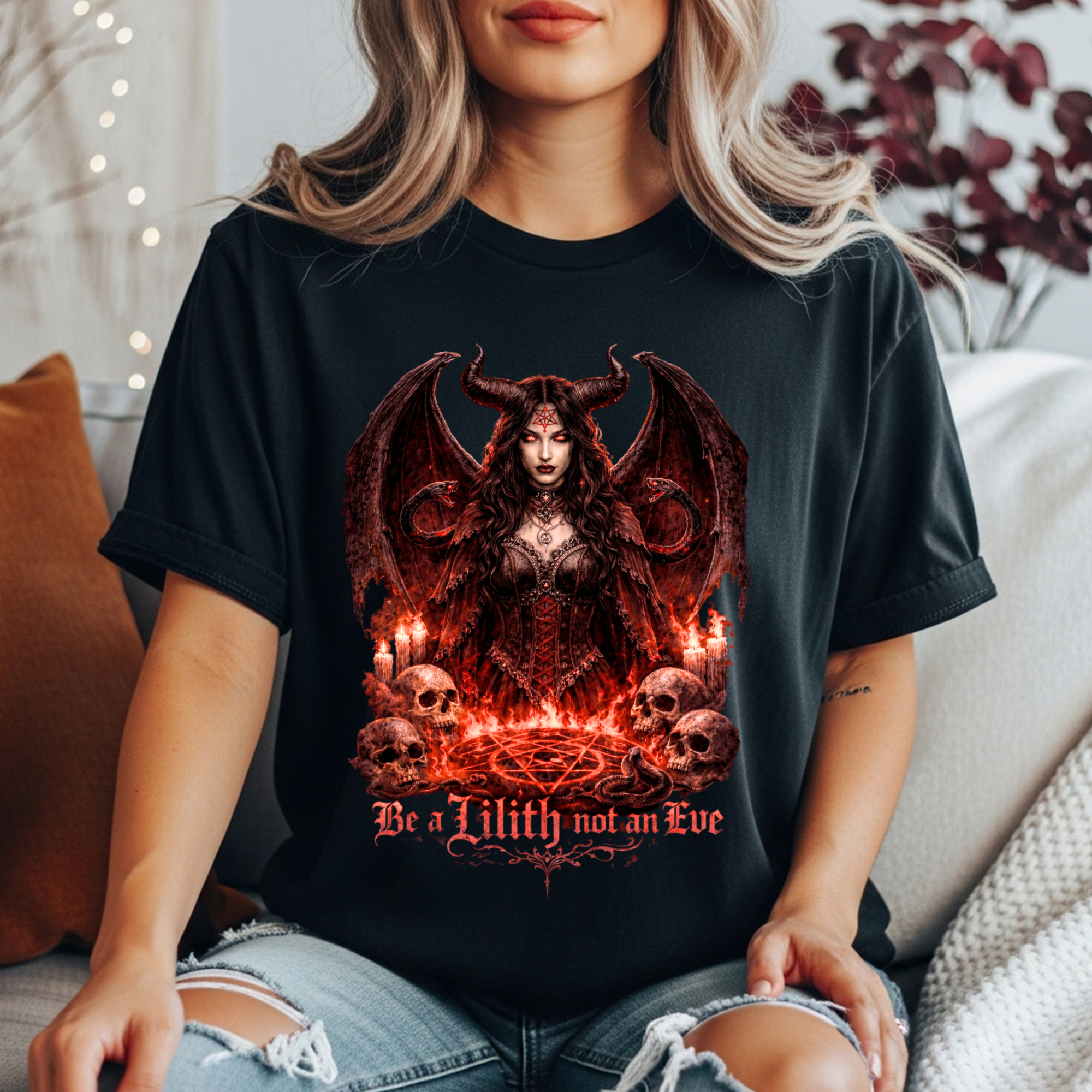 Women’s black t shirt with goth Image and text be a Lilith not an eve 