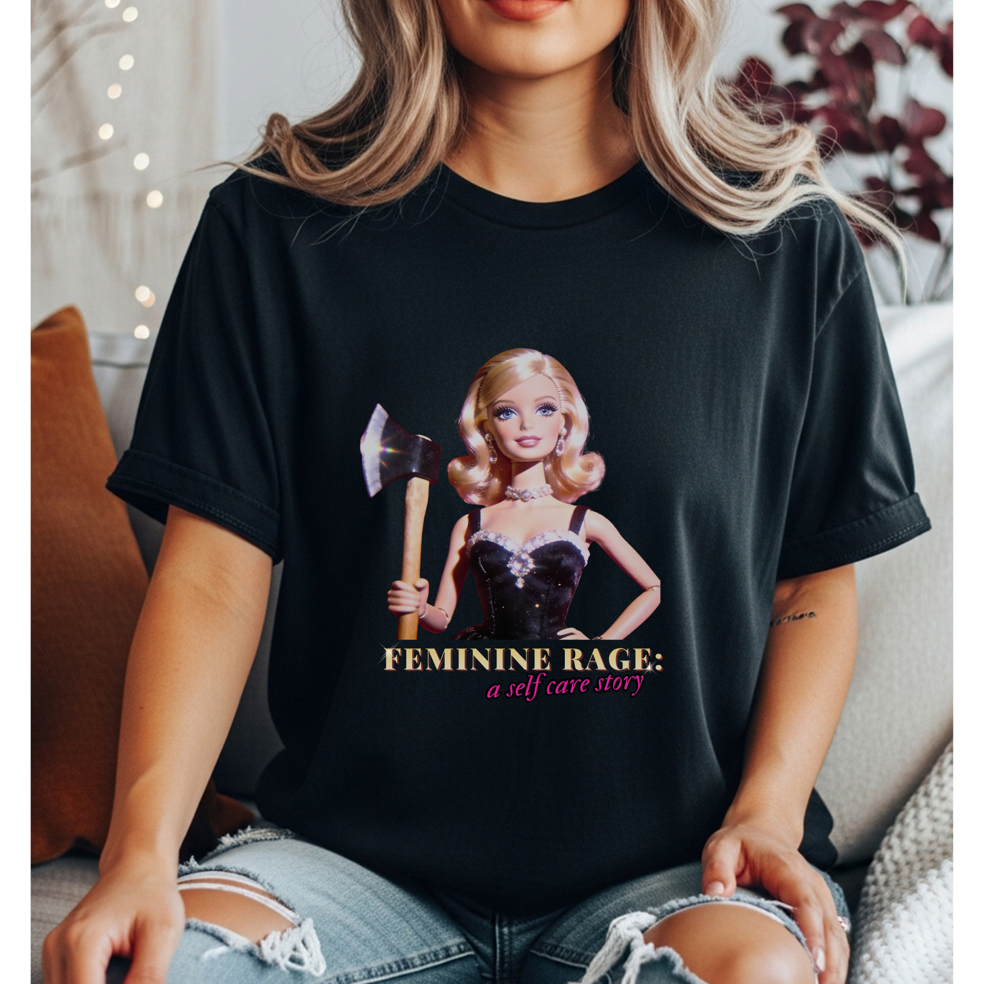 Feminist Black t-shirt with a graphic of a Barbie holding an axe and 'Feminine Rage’ text