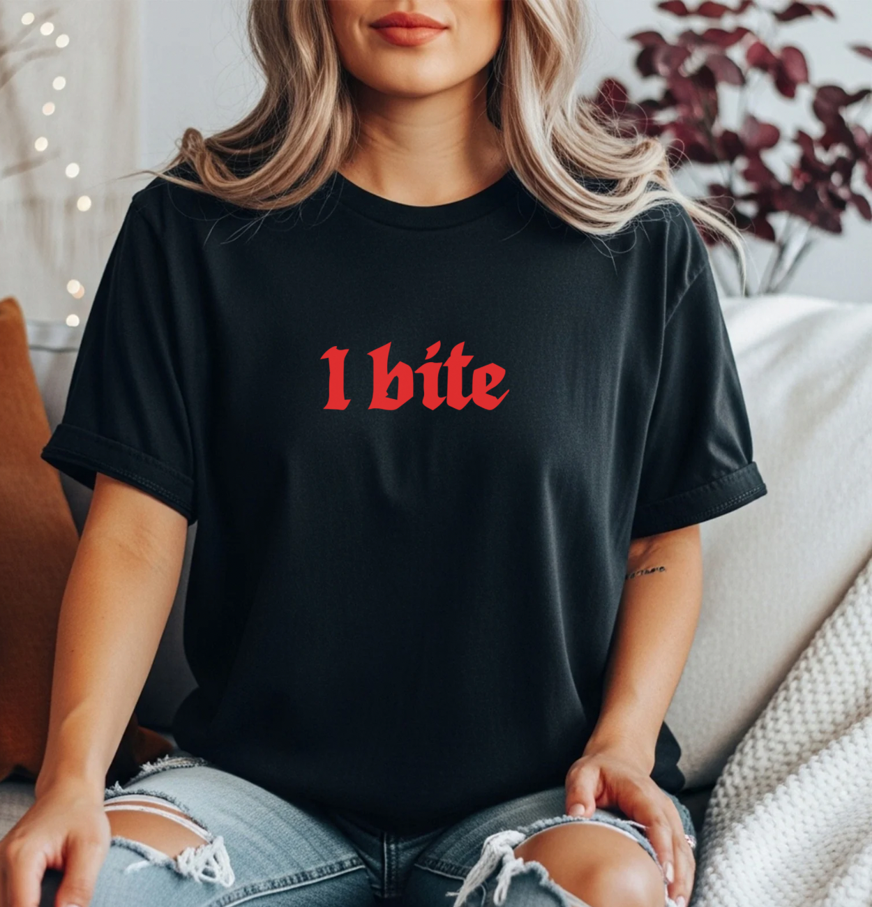 I Bite Women's Tee — Funny Flirty Red Text Graphic T-Shirt