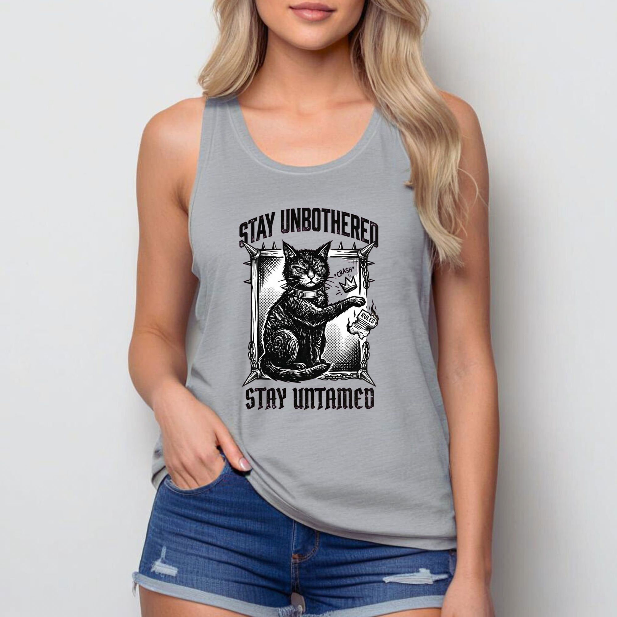 Stay Unbothered Stay Untamed Black Cat Tank Top | Edgy Cat Shirt | Unapologetic Women’s Tank | Dark Aesthetic Cat Tee | Glitter and Rage