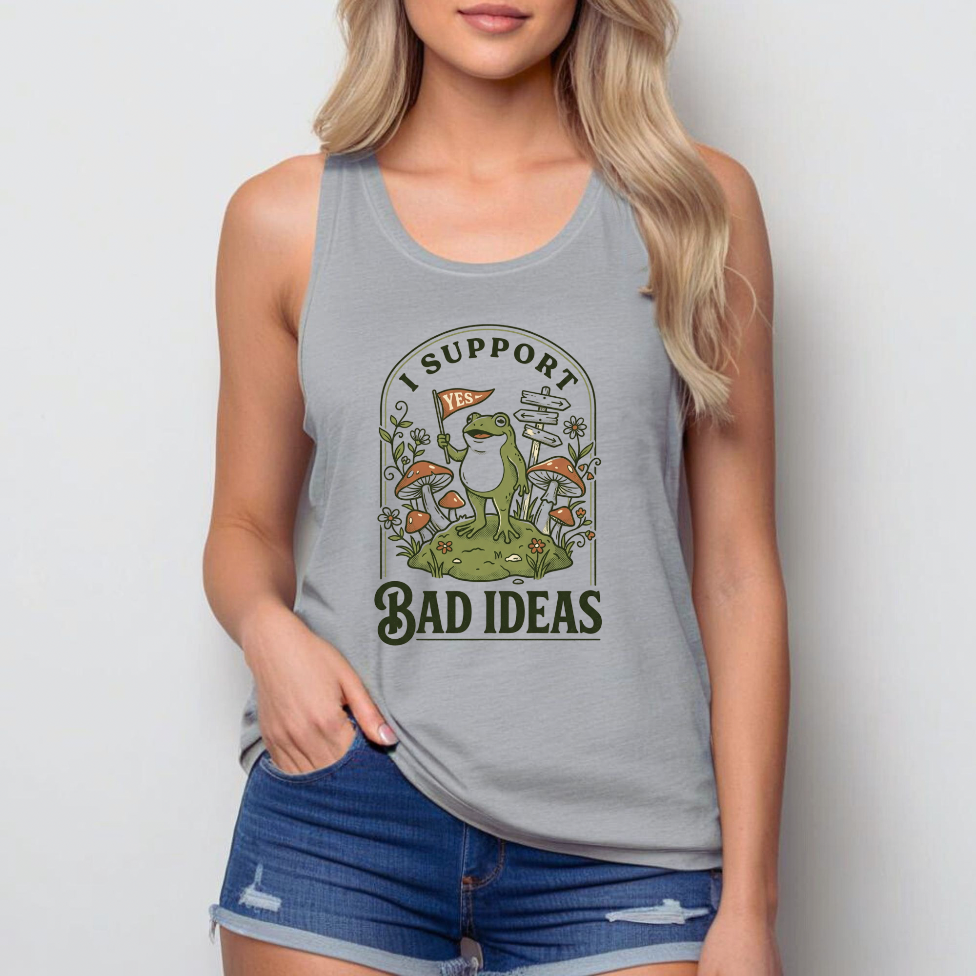 I Support Bad Ideas Funny Frog Tank Top | Cottagecore Mushroom Frog Shirt | Sarcastic Women’s Tank | Funny Gift for Her | Glitter and Rage