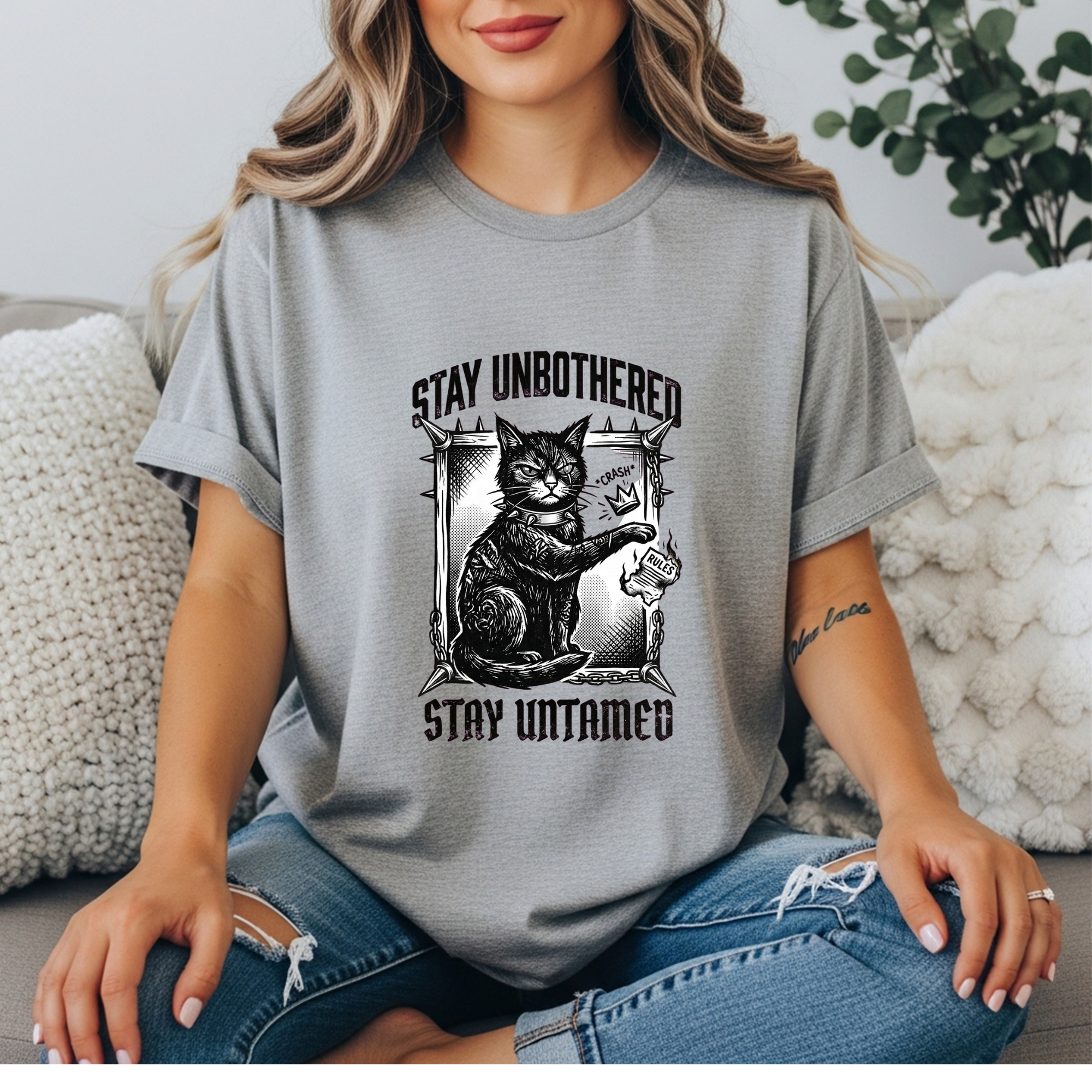 Stay Unbothered Stay Untamed Black Cat Tee | Edgy Cat Shirt | Unapologetic Women’s T shirt Dark Aesthetic Cat Tee | Glitter and Rage