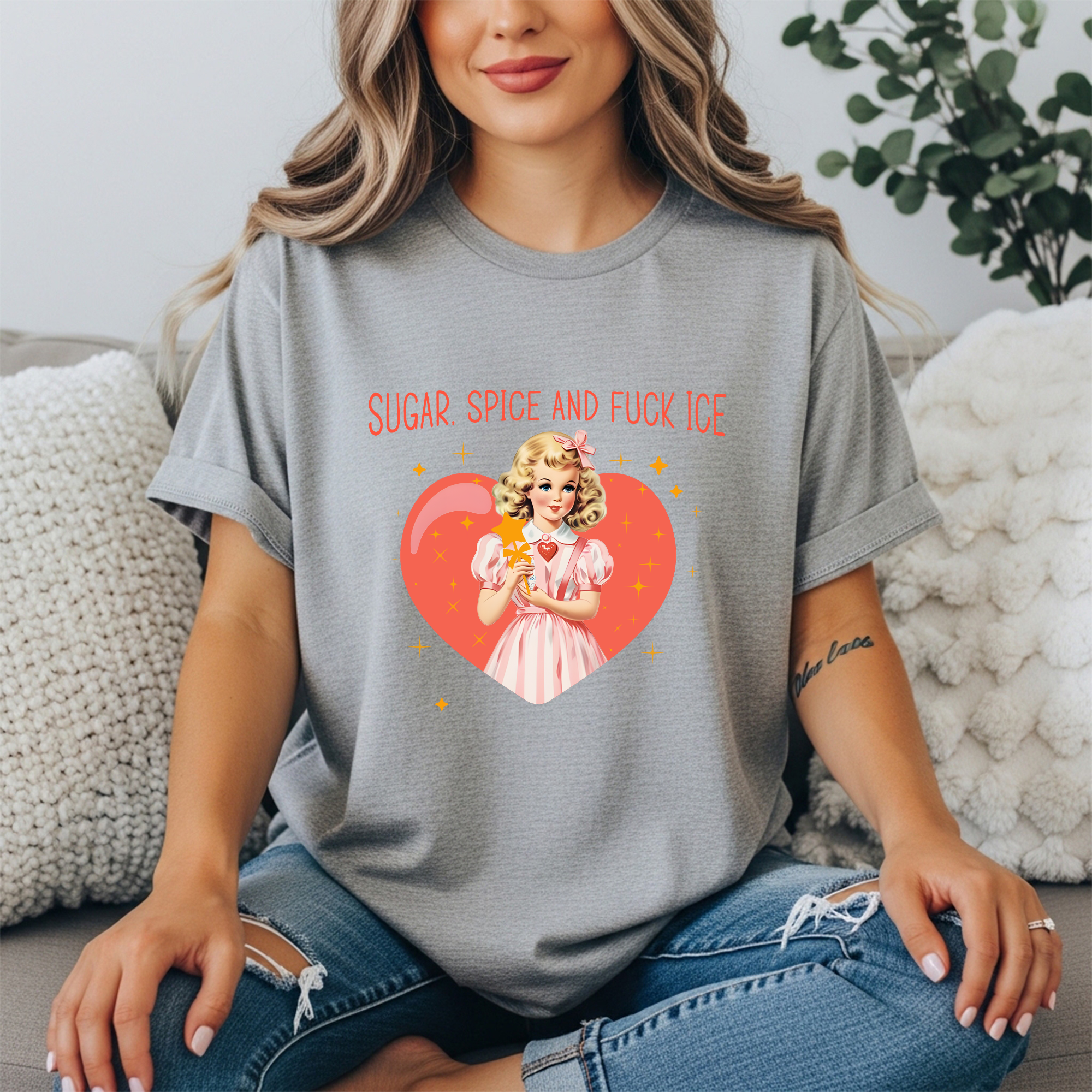 Sugar Spice And F*ck Ice Shirt | Funny Sarcastic Women’s Graphic Tee | Retro Vintage Girl Pink Heart T-Shirt | Edgy Cute Feminist Shirt | Funny Gift For Women