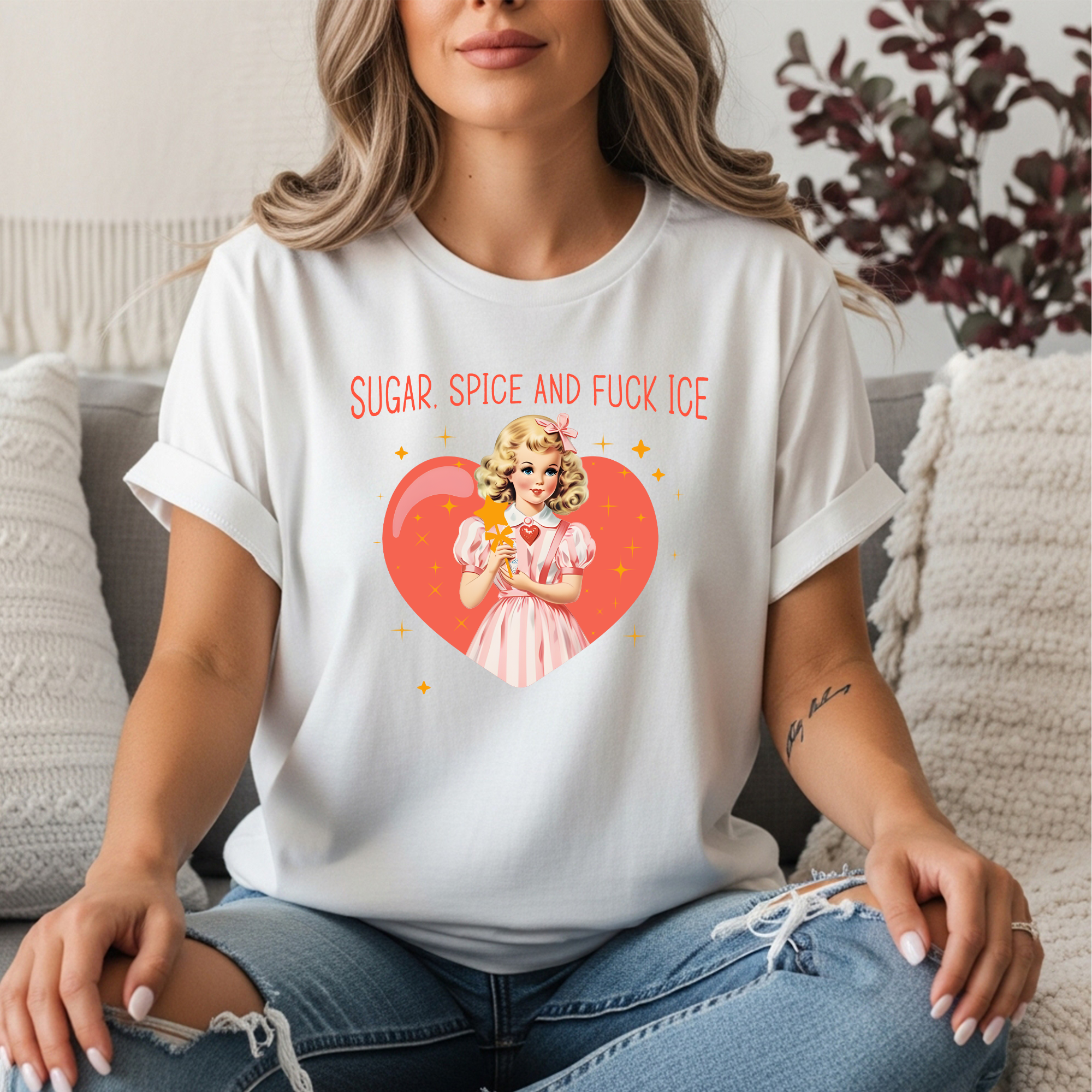 Sugar Spice And F*ck Ice Shirt | Funny Sarcastic Women’s Graphic Tee | Retro Vintage Girl Pink Heart T-Shirt | Edgy Cute Feminist Shirt | Funny Gift For Women