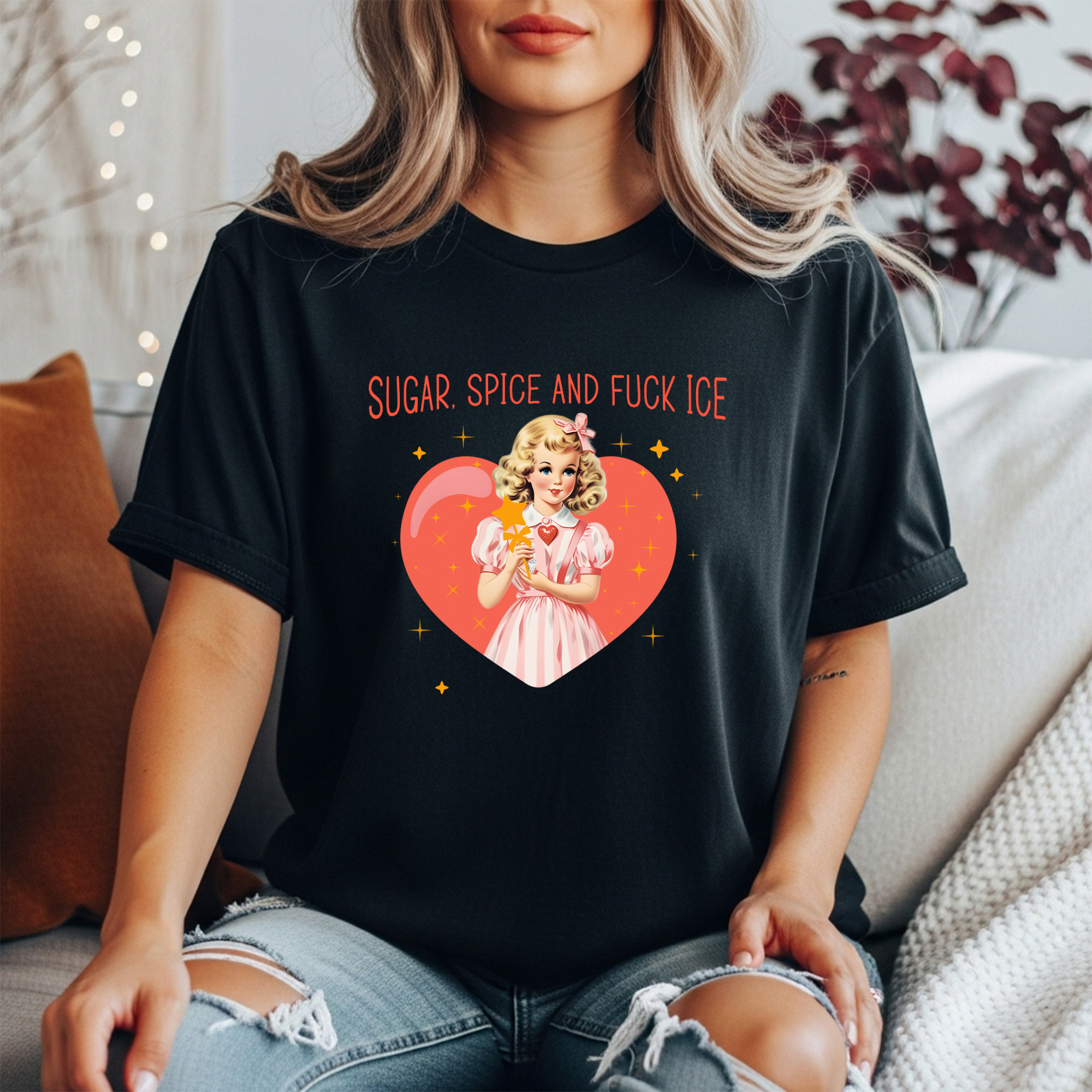 Sugar Spice And F*ck Ice Shirt | Funny Sarcastic Women’s Graphic Tee | Retro Vintage Girl Pink Heart T-Shirt | Edgy Cute Feminist Shirt | Funny Gift For Women