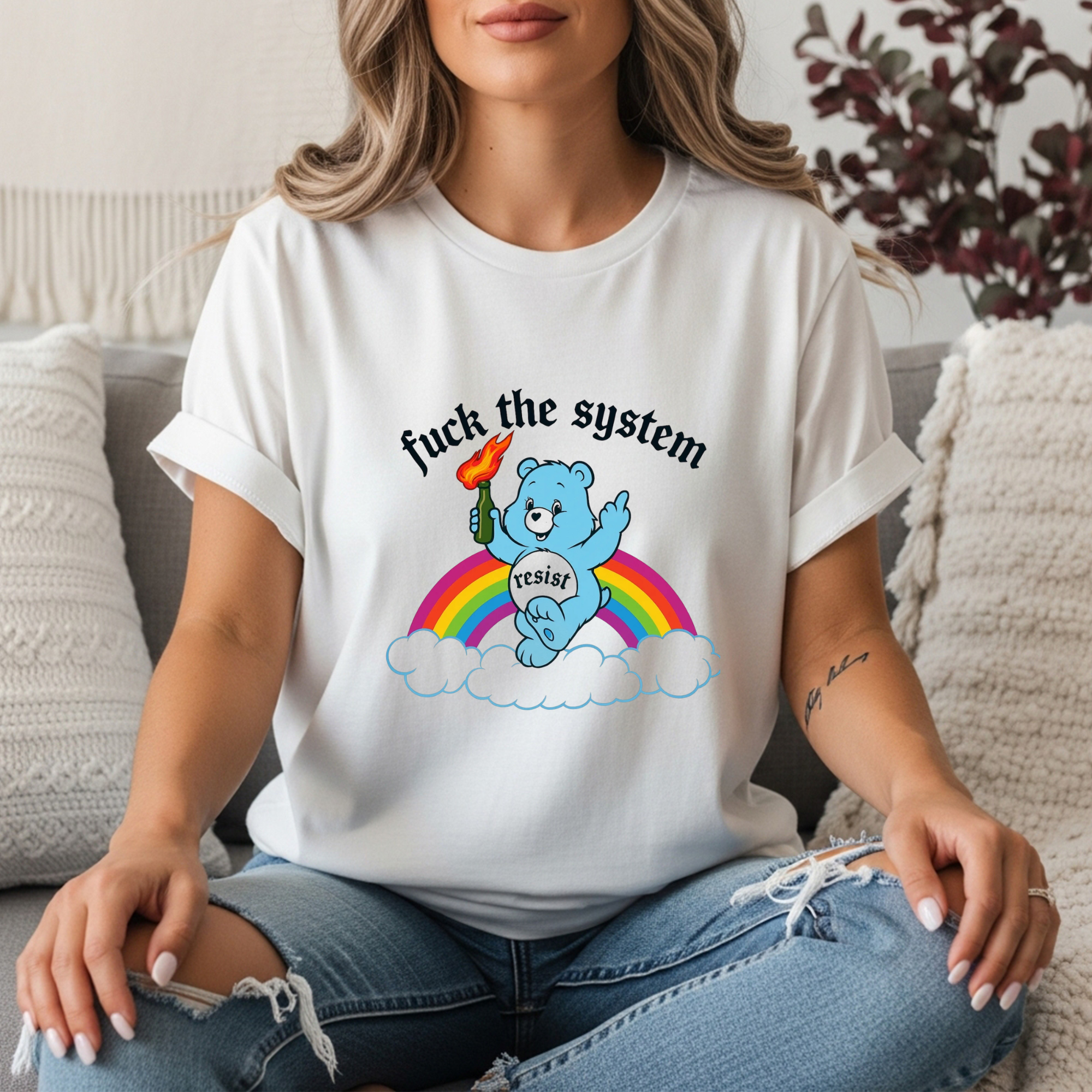 F*ck The System Resist Bear Shirt | Funny Anarchist Care Bear Graphic Tee | Anti Establishment Shirt | Political Protest Tee | Edgy Nostalgia Shirt | Funny Gift For Activists