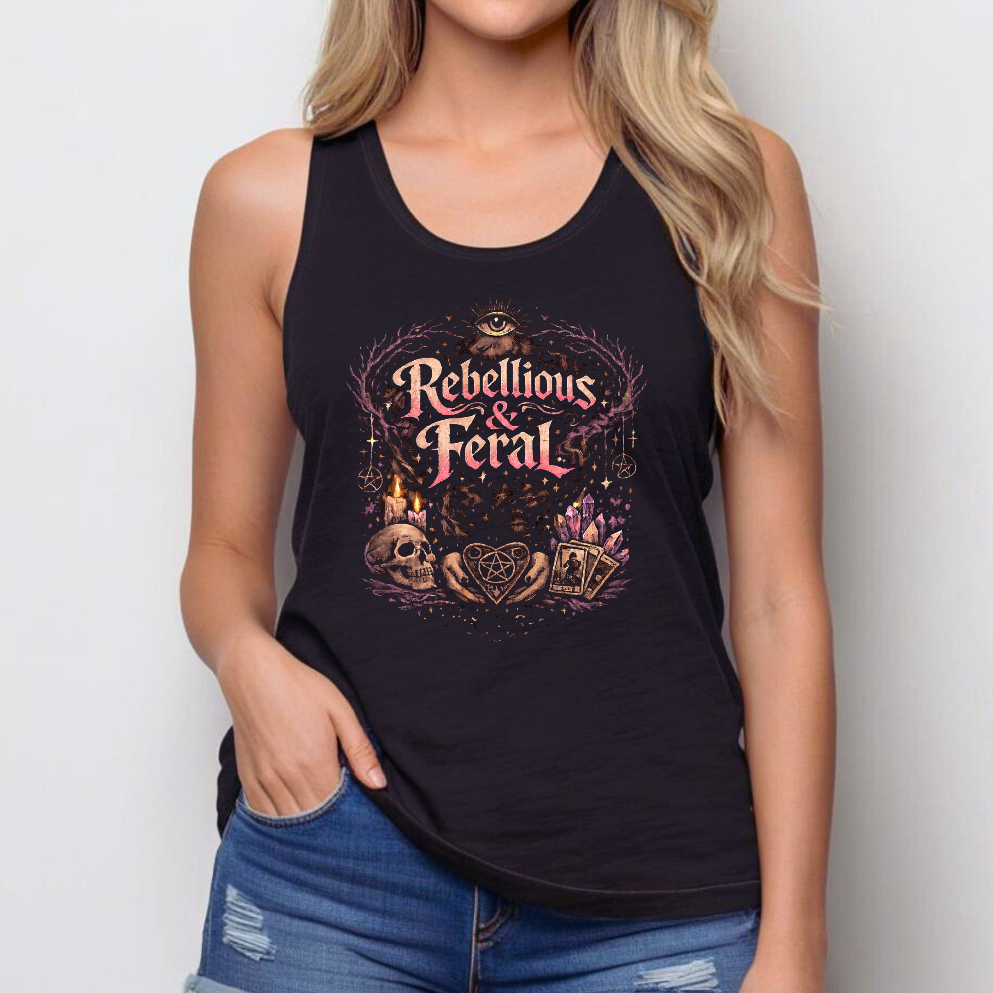 Rebellious And Feral Tank Top | Witchy Women’s Racerback Tank | Dark Feminine Graphic Tee | Occult Aesthetic Shirt | Tarot Crystal Skull Tank
