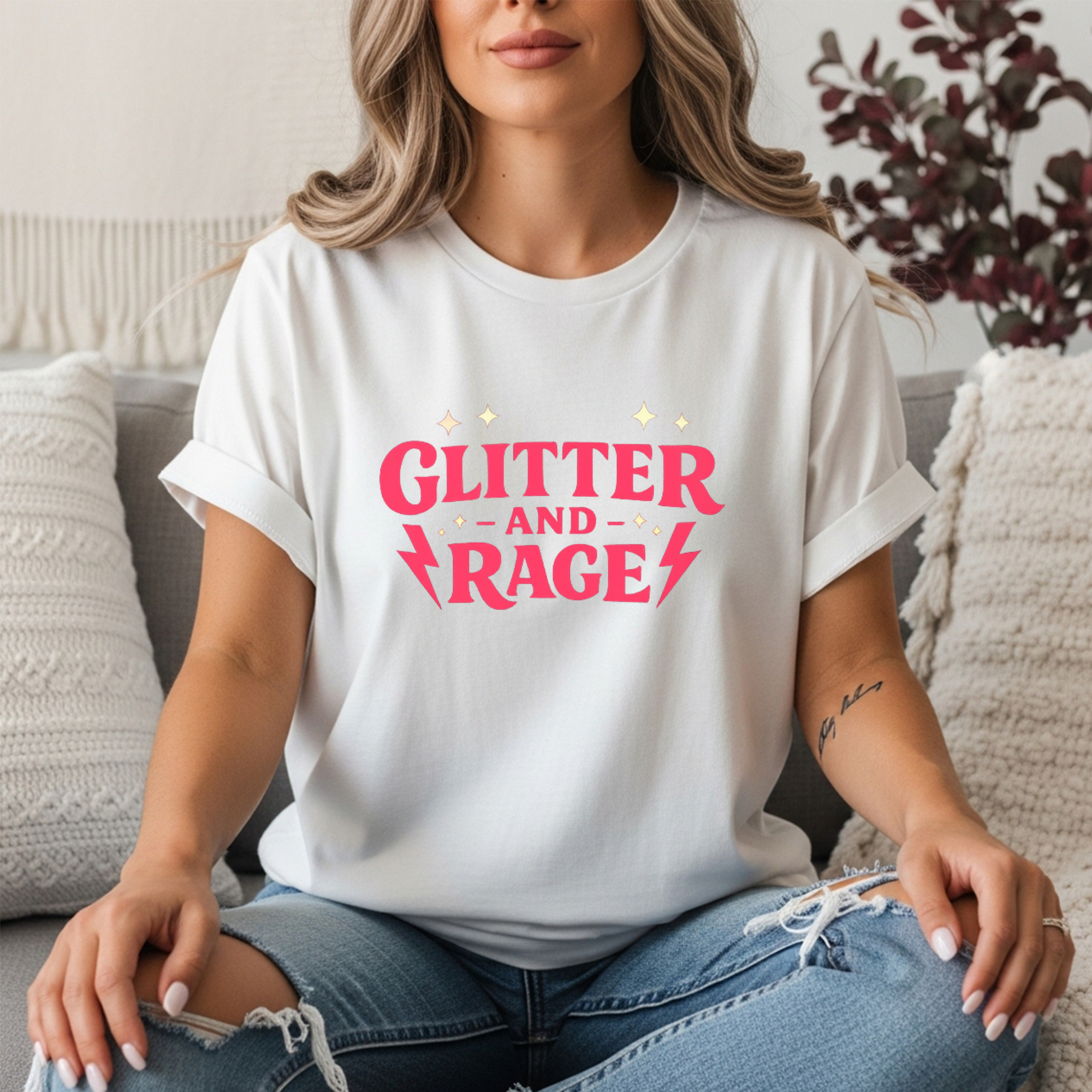 Glitter And Rage Signature Logo Shirt | Feminist Brand Tee | Bold Pink Lightning Bolt Graphic T-Shirt