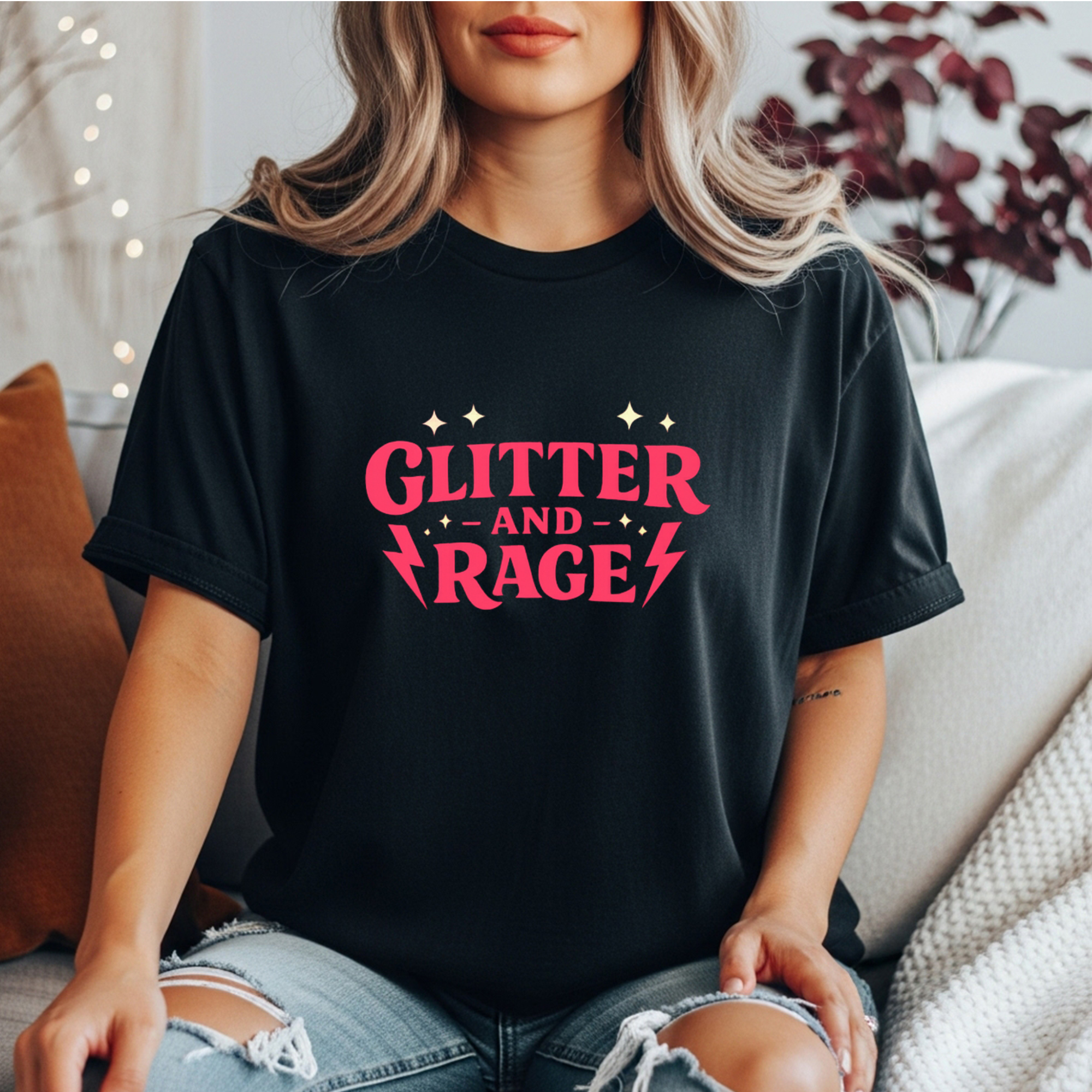 Glitter And Rage Signature Logo Shirt | Feminist Brand Tee | Bold Pink Lightning Bolt Graphic T-Shirt
