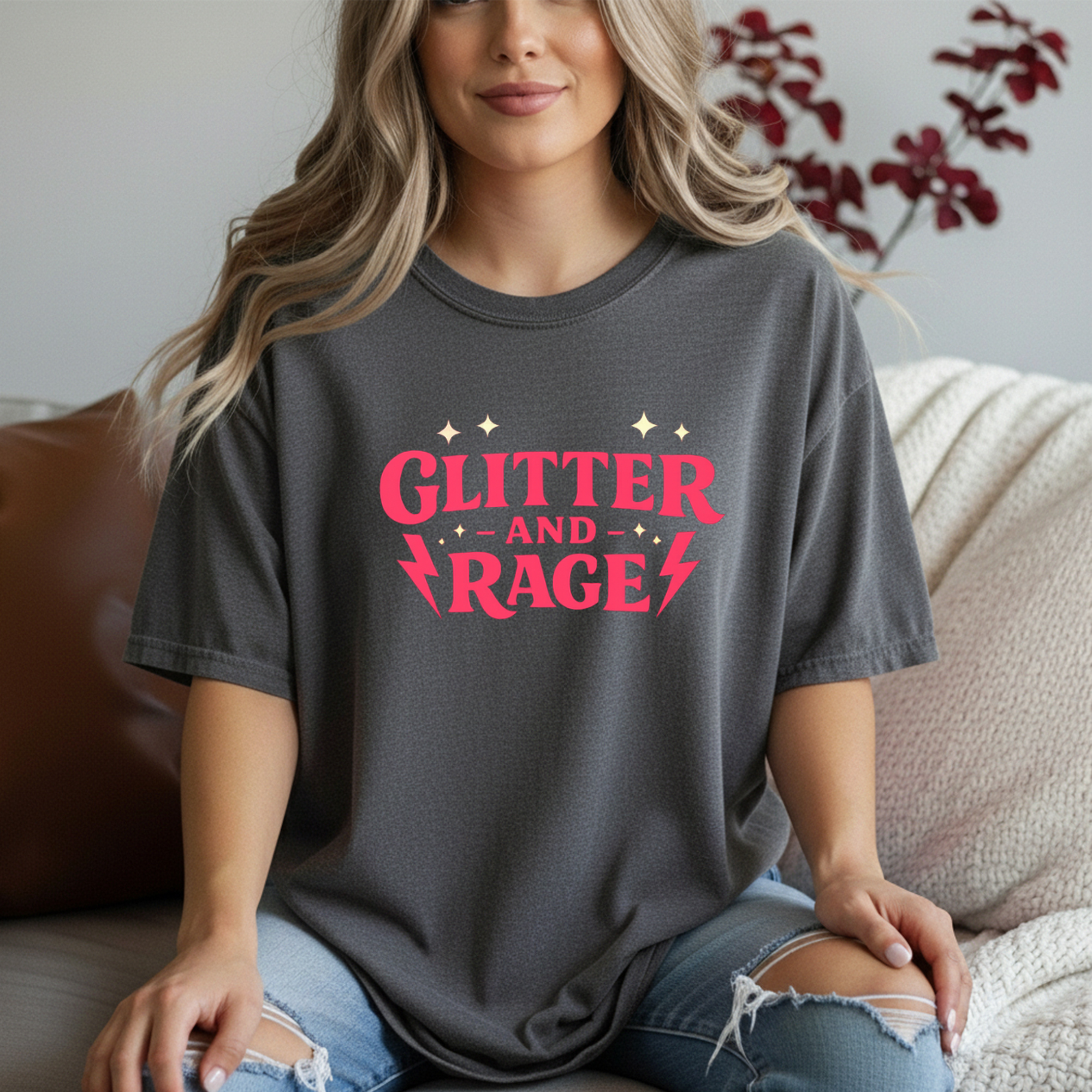 Glitter And Rage Signature Logo Shirt | Feminist Brand Tee | Bold Pink Lightning Bolt Graphic T-Shirt