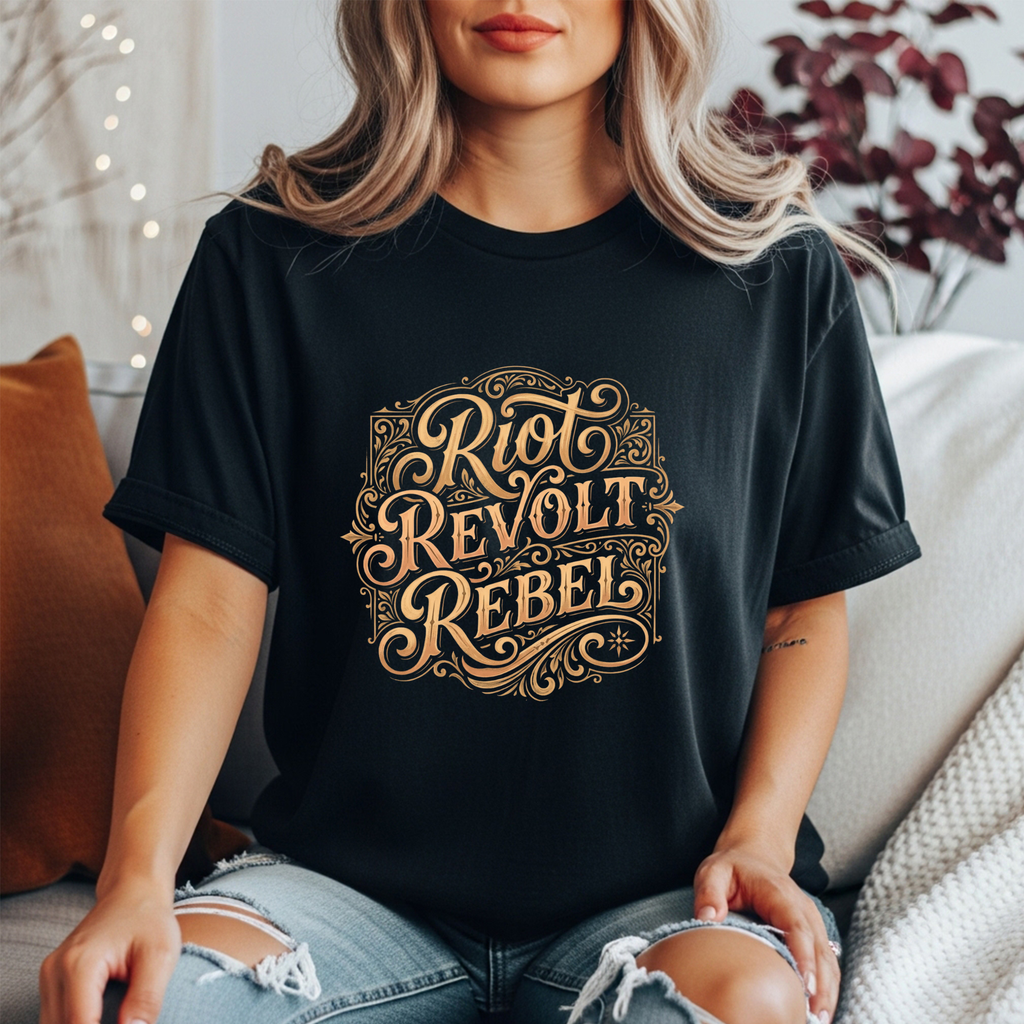 Riot Revolt Rebel Shirt — Vintage Gold Ornate Feminist Graphic Tee | Women’s Empowerment Statement T-Shirt