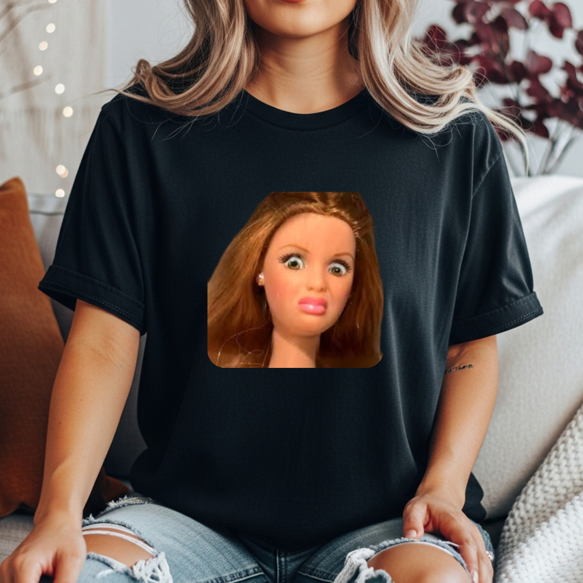 Unhinged Doll Face T-Shirt — Surprised Doll Meme Graphic Tee