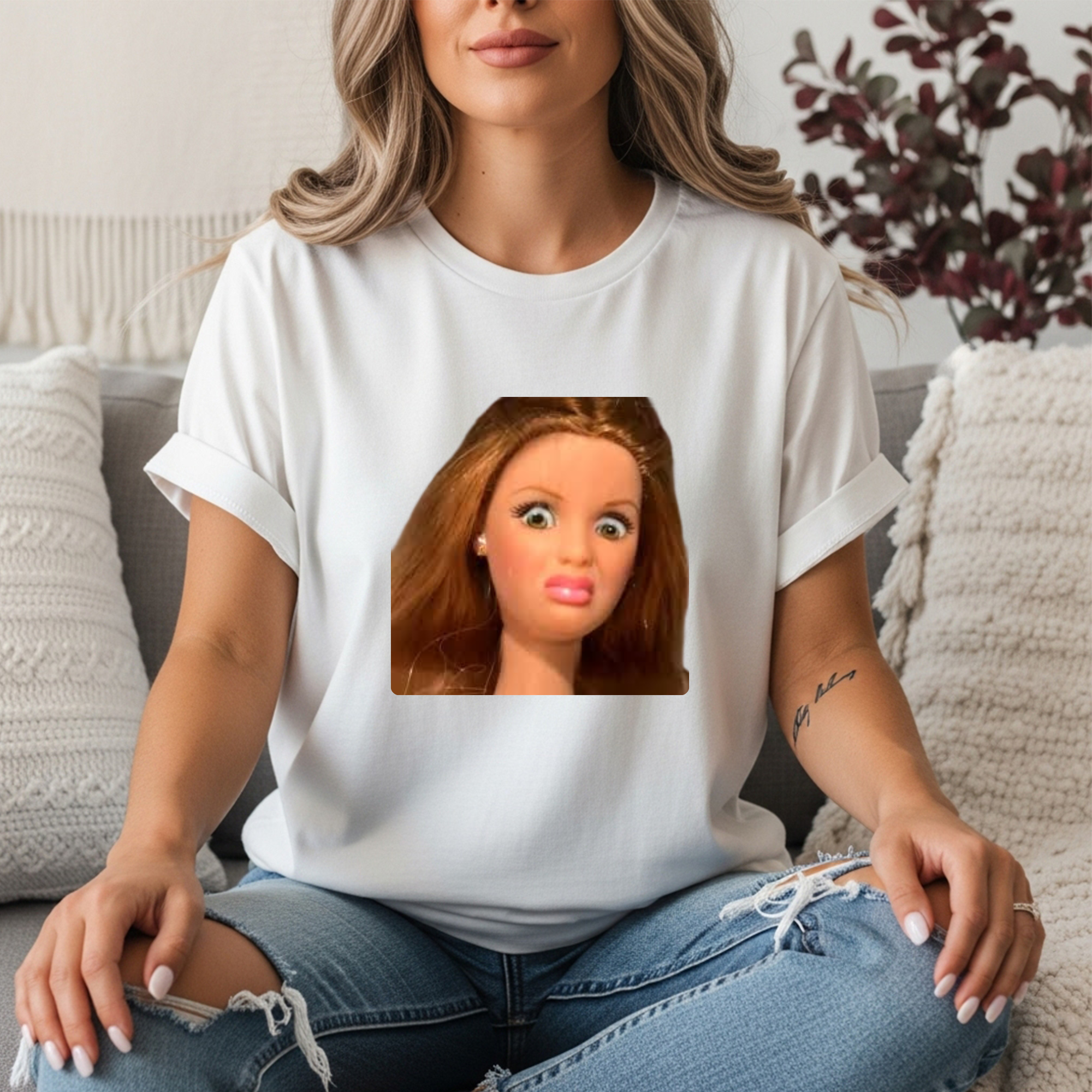 Unhinged Doll Face T-Shirt — Surprised Doll Meme Graphic Tee