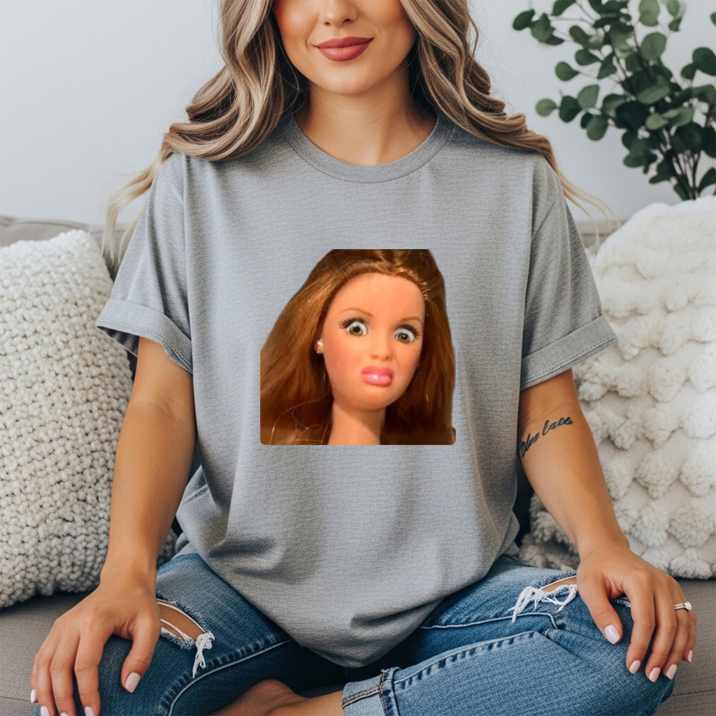 Unhinged Doll Face T-Shirt — Surprised Doll Meme Graphic Tee