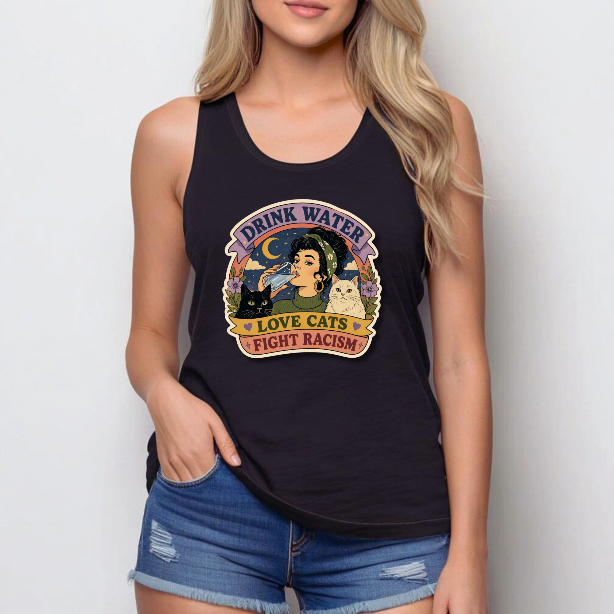 Drink Water Love Cats Fight Racism - Women's Racerback Tank