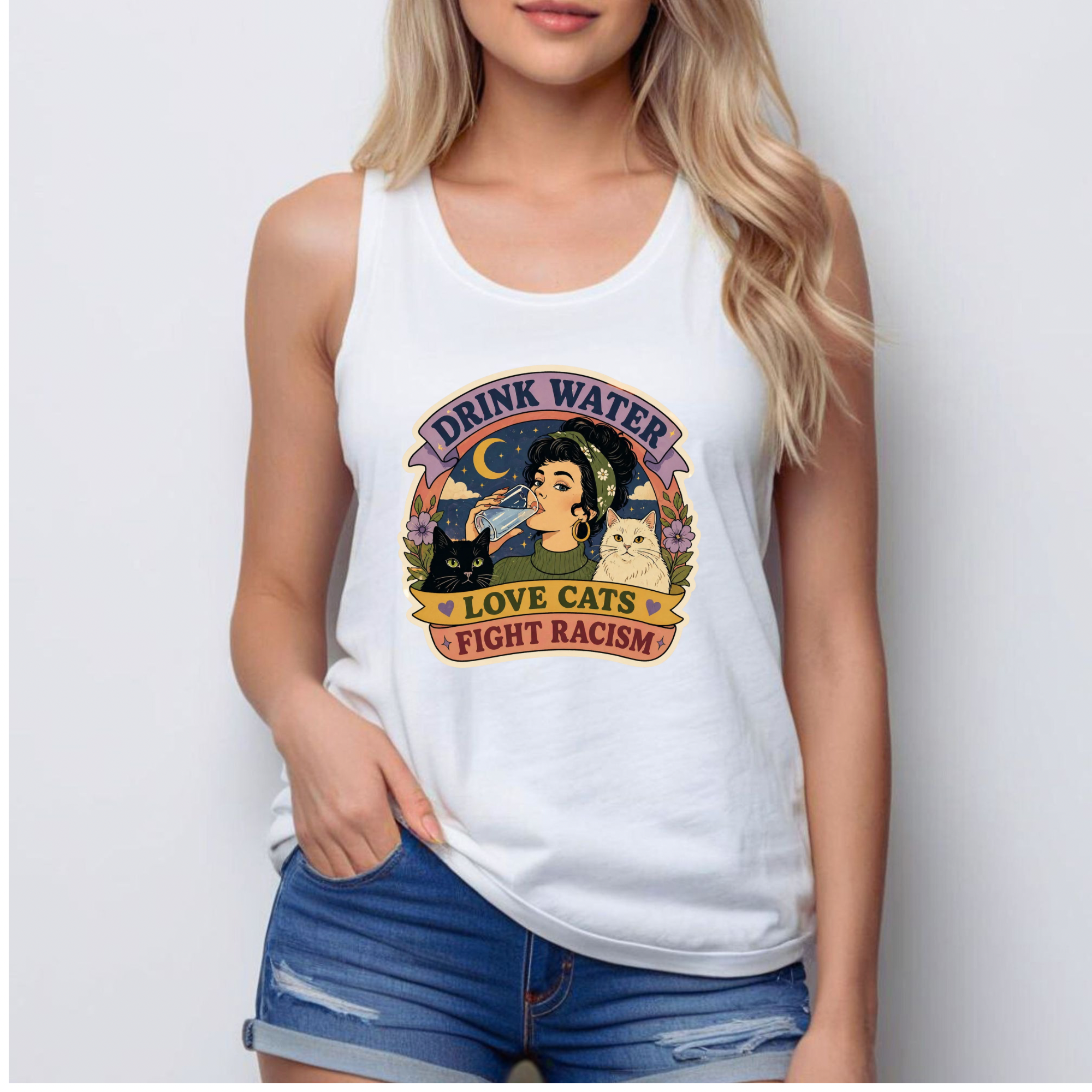 Drink Water Love Cats Fight Racism - Women's Racerback Tank