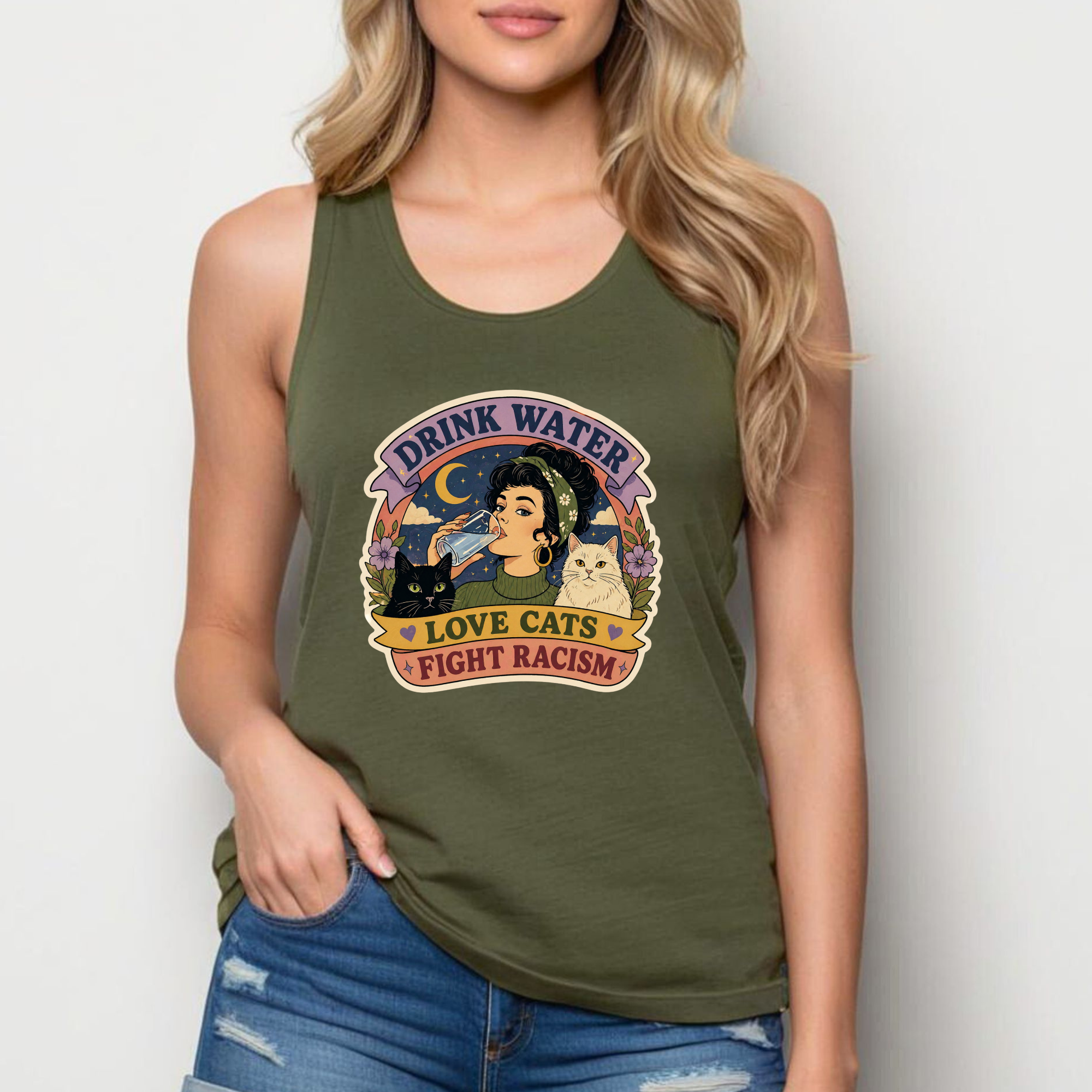 Drink Water Love Cats Fight Racism - Women's Racerback Tank