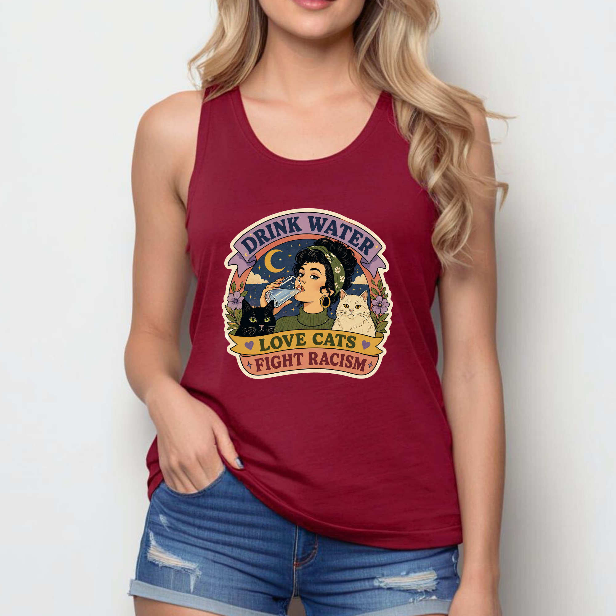 Drink Water Love Cats Fight Racism - Women's Racerback Tank