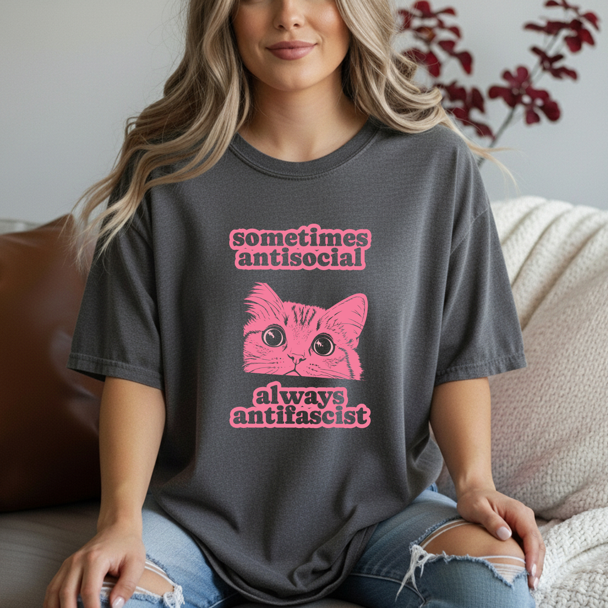 Sometimes Antisocial Always Antifascist Cat Shirt | Feminist Political Graphic Tee | Cat Lady Gift