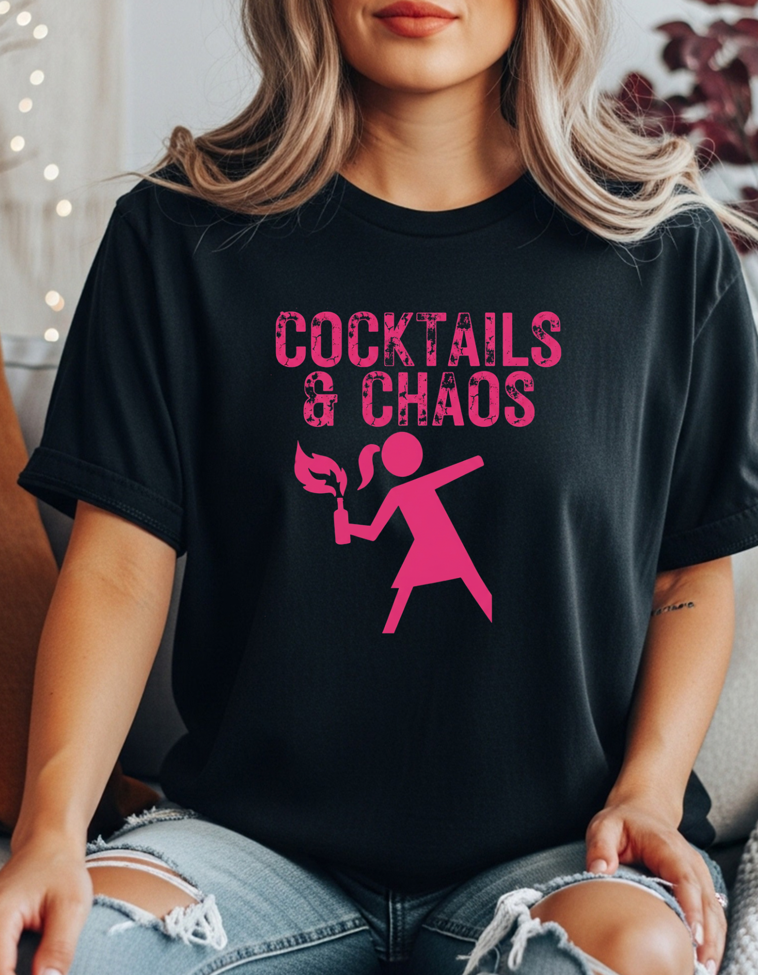 Cocktails & Chaos Graphic Tee | Funny Feminist Shirt | Women’s Black T-Shirt | Gift for Her | Chaos Energy Shirt | Hot Pink Graphic Tee