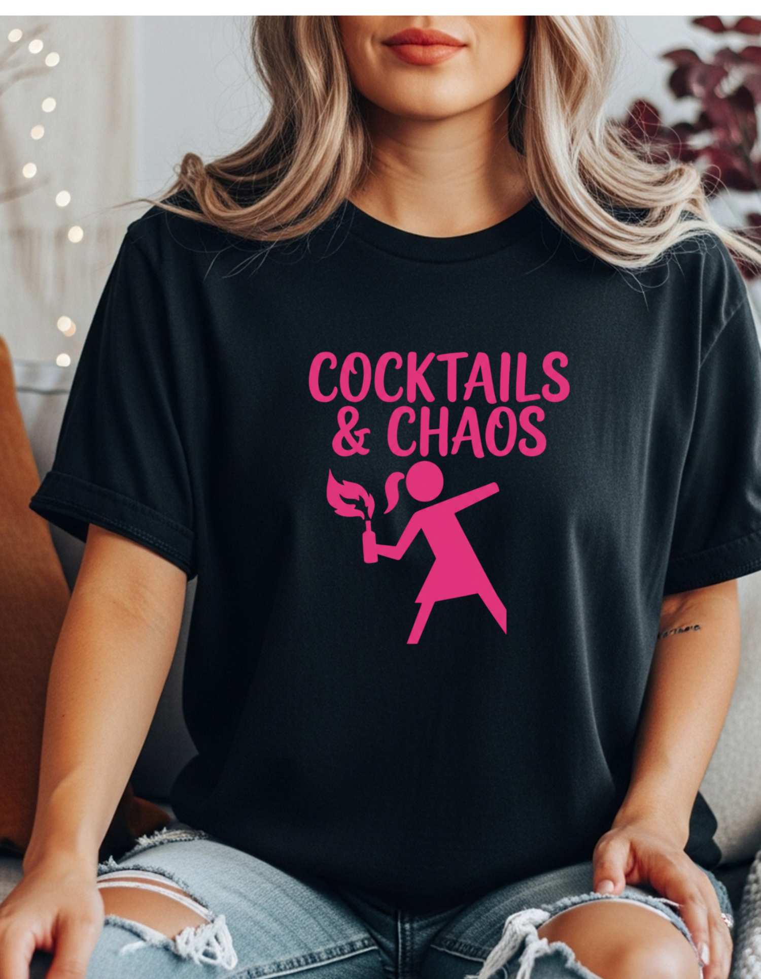 Cocktails & Chaos Graphic Tee | Funny Feminist Shirt | Women’s Black T-Shirt | Gift for Her | Chaos Energy Shirt | Hot Pink Graphic Tee