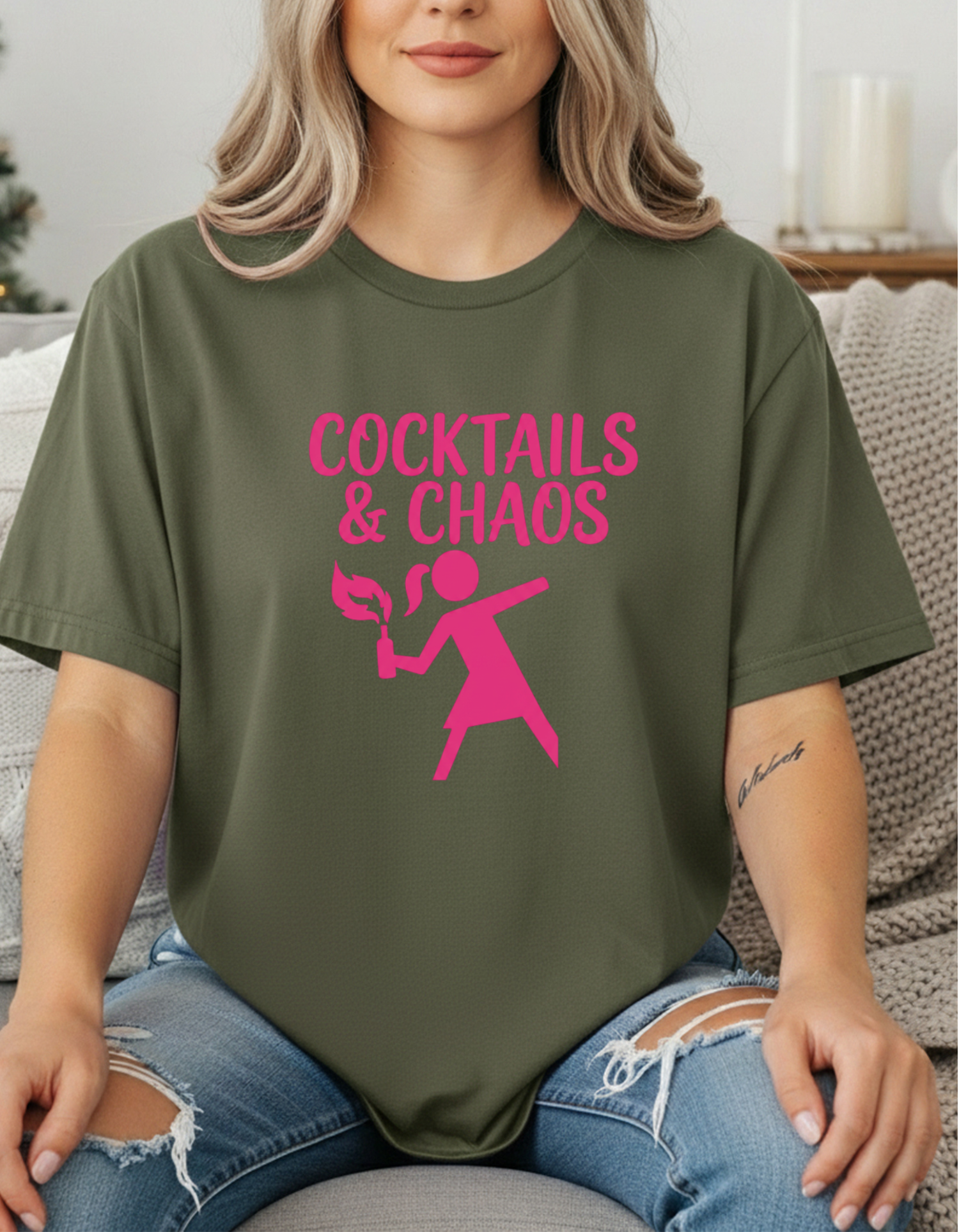 Cocktails & Chaos Graphic Tee | Funny Feminist Shirt | Women’s Black T-Shirt | Gift for Her | Chaos Energy Shirt | Hot Pink Graphic Tee