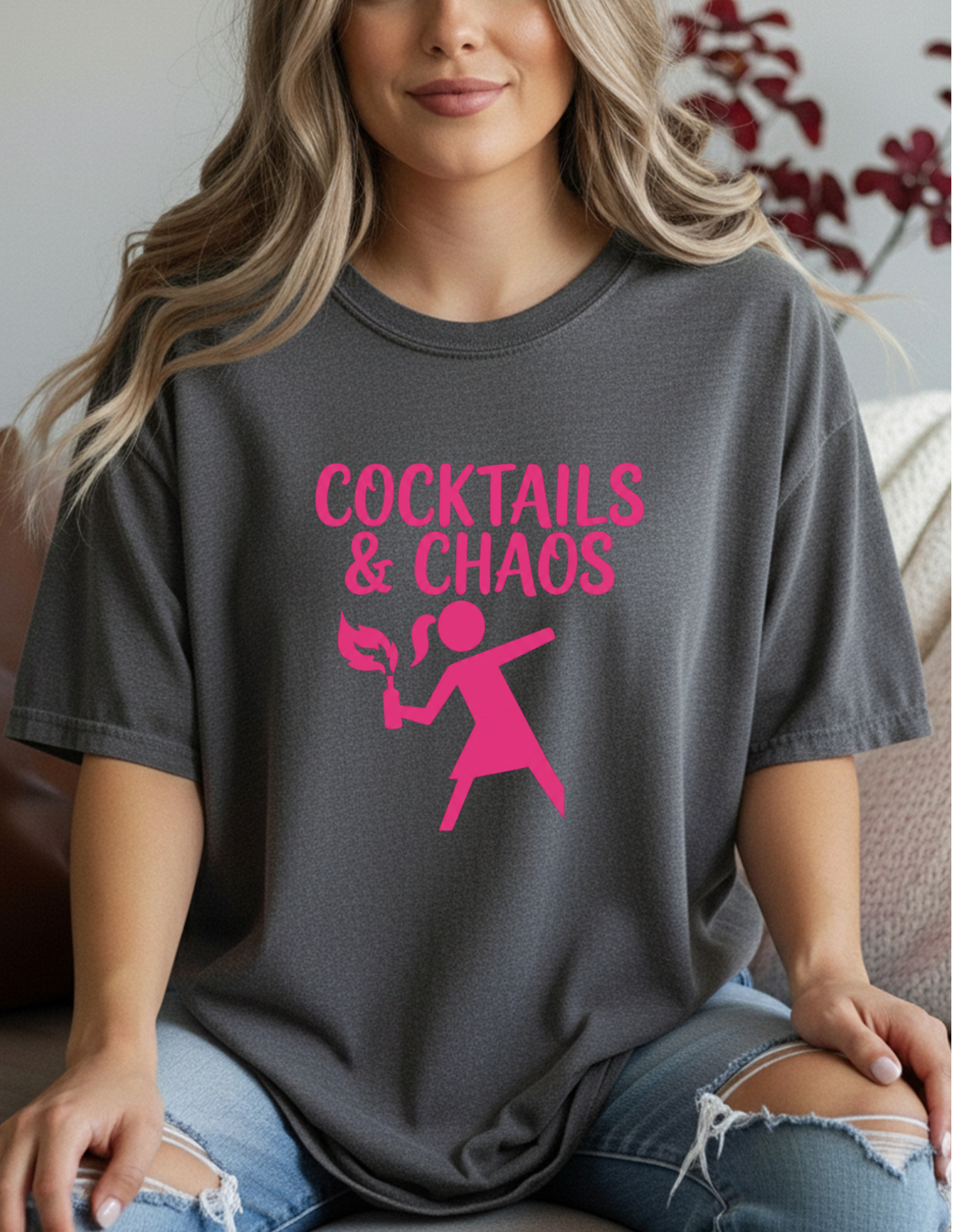 Cocktails & Chaos Graphic Tee | Funny Feminist Shirt | Women’s Black T-Shirt | Gift for Her | Chaos Energy Shirt | Hot Pink Graphic Tee