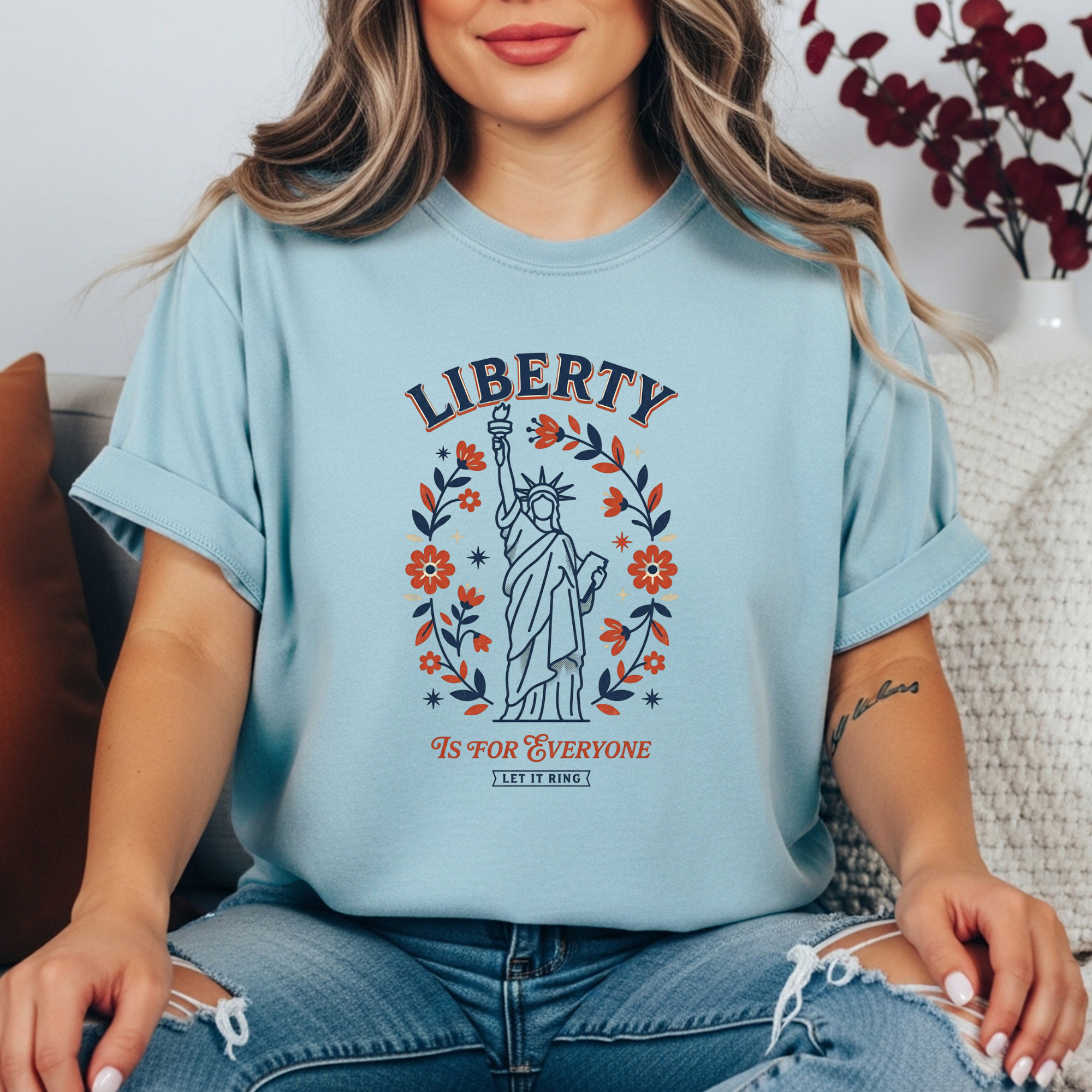 Liberty Is For Everyone Shirt, Statue of Liberty Feminist Tee, Patriotic Women’s Rights Shirt, Let It Ring Graphic Tee, Political Activist Shirt, Floral Statue of Liberty Tee, Fourth of July Feminist...