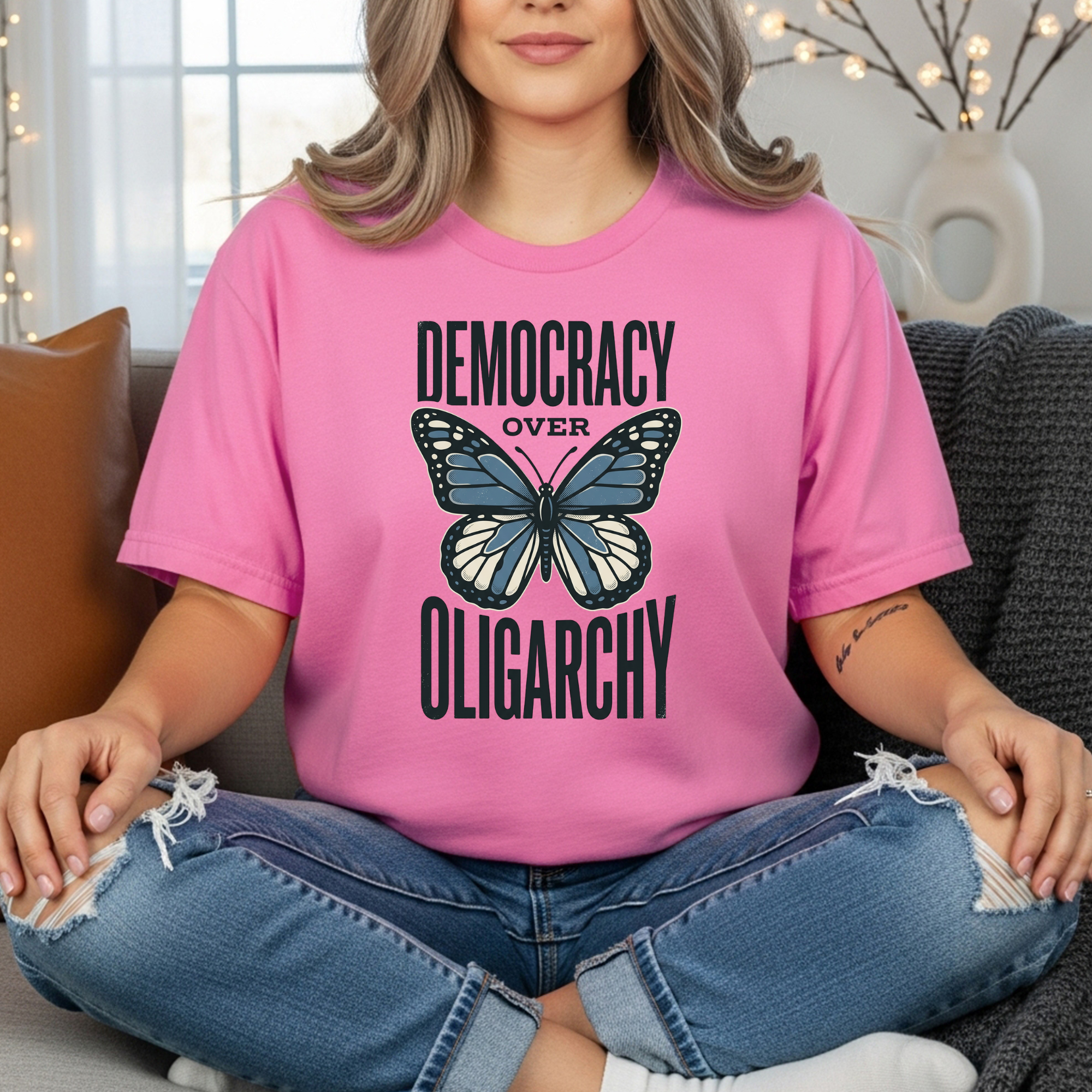 Democracy Over Oligarchy Shirt | Butterfly Political T-Shirt | Feminist Resistance Tee | Anti-Oligarchy Protest Shirt | Progressive Activist Gift