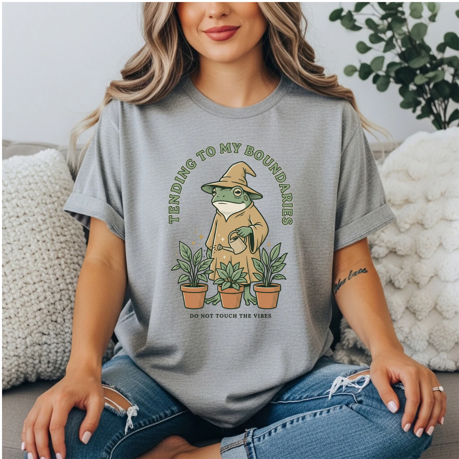 Tending to My Boundaries T-Shirt | Funny Wizard Frog Gardener Shirt | Do Not Touch The Vibes Tee