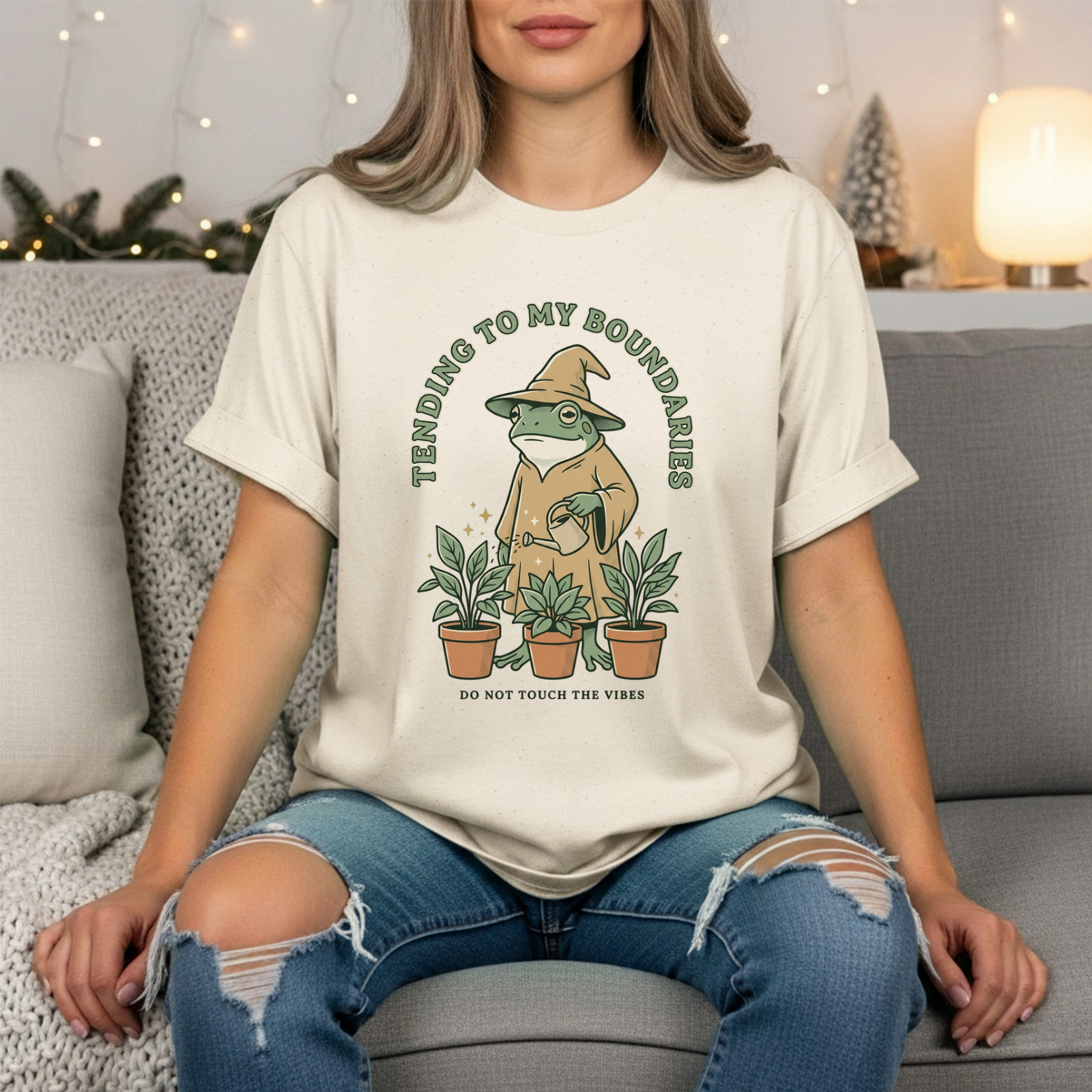 Tending to My Boundaries T-Shirt | Funny Wizard Frog Gardener Shirt | Do Not Touch The Vibes Tee