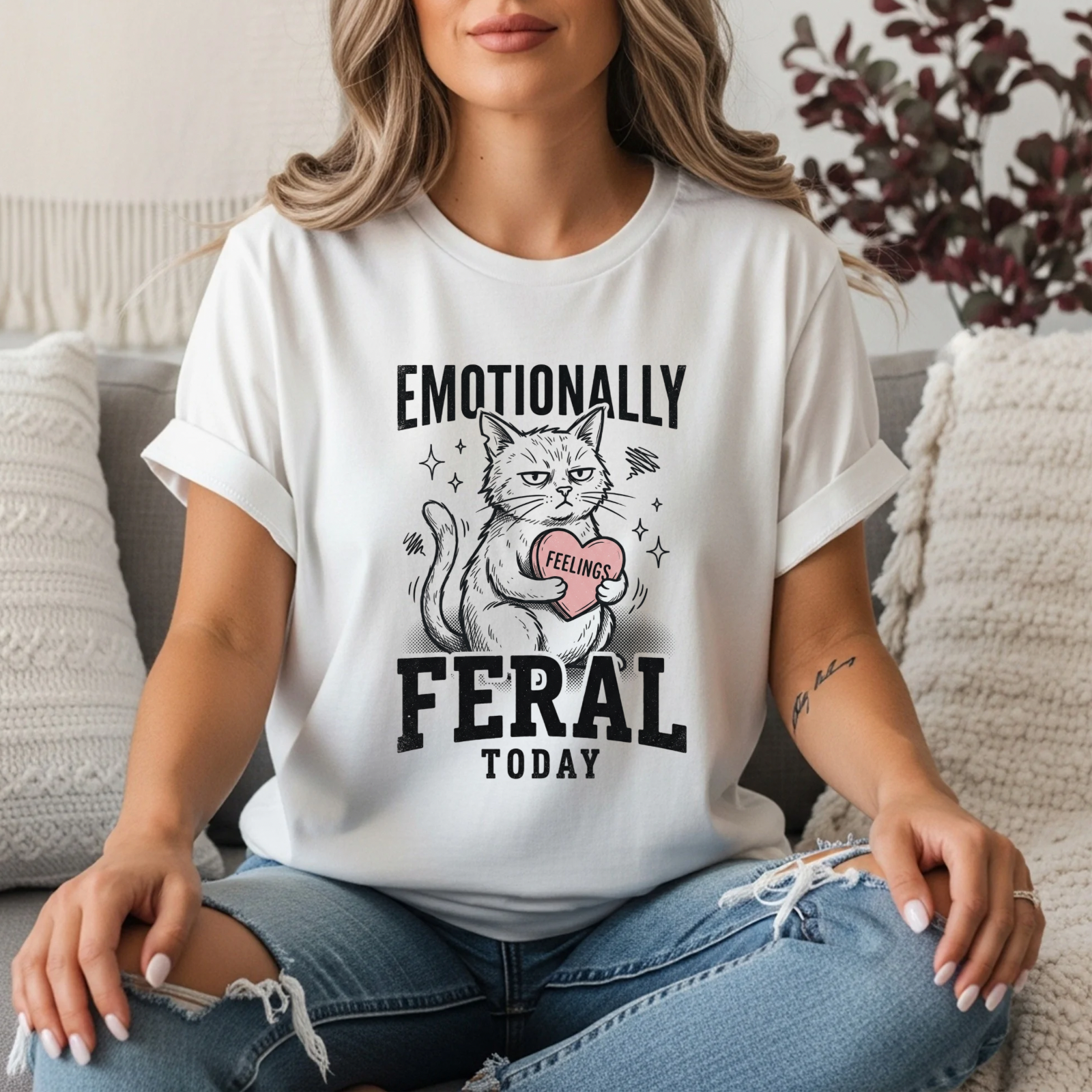 Emotionally Feral Today T-Shirt | Funny Grumpy Cat Graphic Tee | Sarcastic Women’s Shirt