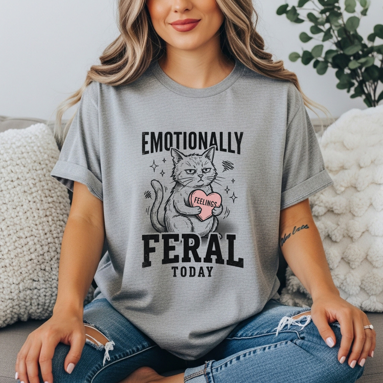Emotionally Feral Today T-Shirt | Funny Grumpy Cat Graphic Tee | Sarcastic Women’s Shirt