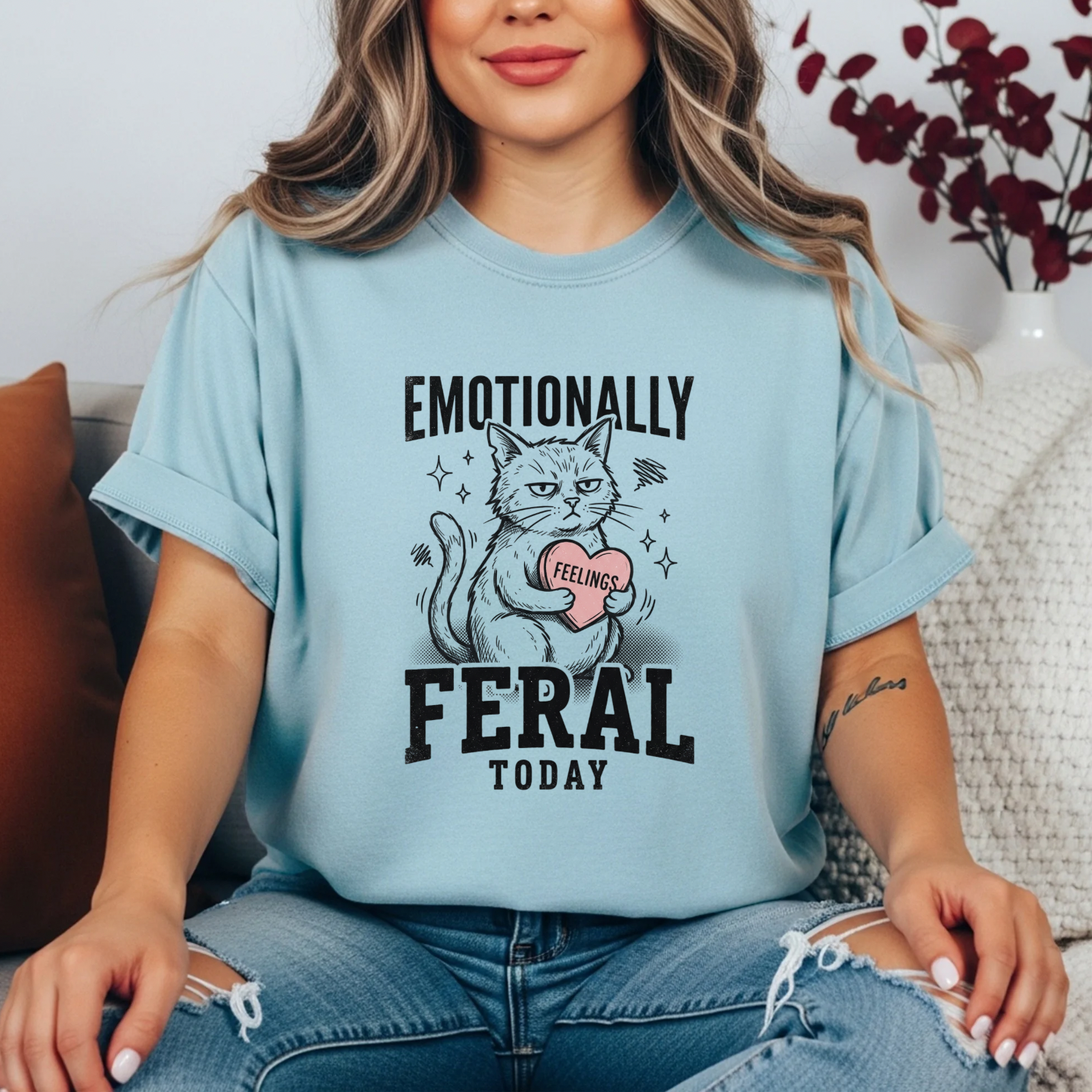 Emotionally Feral Today T-Shirt | Funny Grumpy Cat Graphic Tee | Sarcastic Women’s Shirt