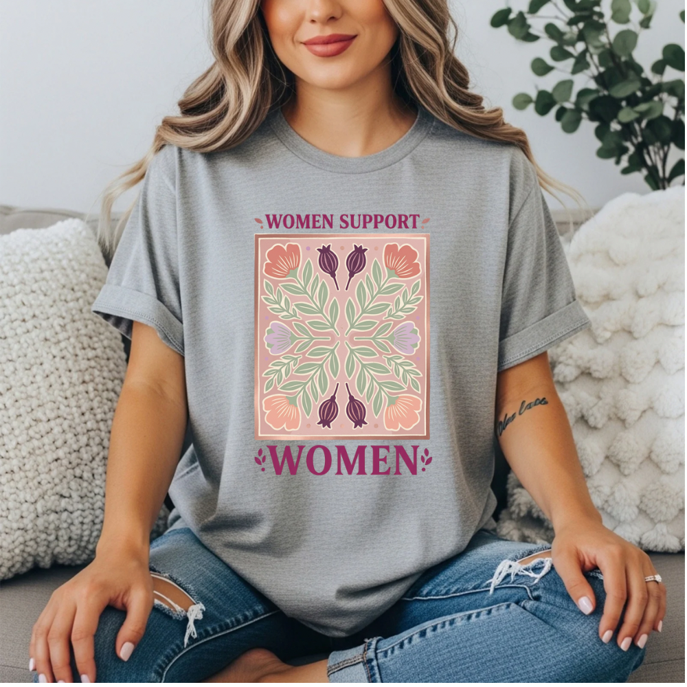 Women Support Women T-Shirt | Floral Botanical Feminist Tee | Boho Sage Green Graphic Shirt
