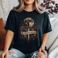 “Be Difficult to Destroy” Dagger & Moon Tee — Dark Feminist Floral Graphic