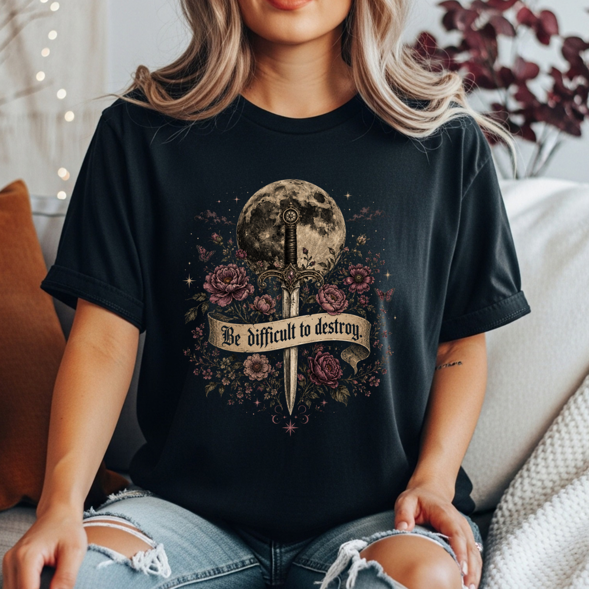 “Be Difficult to Destroy” Dagger & Moon Tee — Dark Feminist Floral Graphic