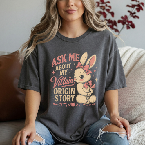 Ask Me About My Villain Origin Story T-Shirt | Cute Creepy Bunny Graphic Tee | Dark Feminine Funny Shirt